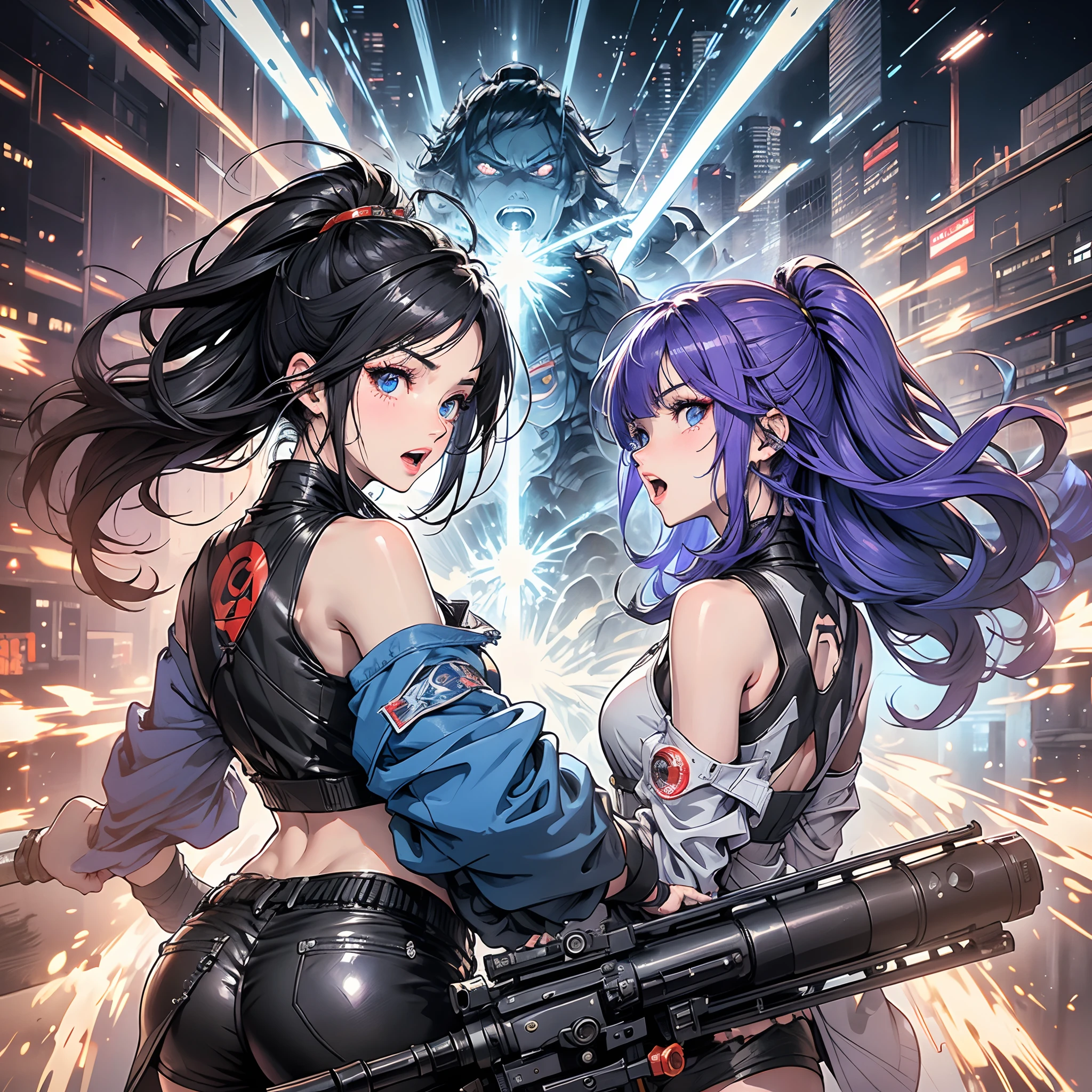 Full body shot, Female Asian Irina Shido with purple hair and double tailed blue eyes, in a Cyberpunk city, wearing a bomber jacket、Crop top and shorts, Fight against humanoid robotic robots like metallic chromium, With a large machine gun, Armed with a long laser rifle, Shoot a laser rifle, Shoot a laser into the sky, Missile attack, Rocket launch, Rapid Fire, explosions, hand-to-hand combat, Fighting, Roundhouse Kick, Jump Kick, Flaming guns, Punch Face, Open mouth, Screaming, Frontal shot, sideshot, rear shot, Back shot, Behind the lens, masutepiece, Highly detailed