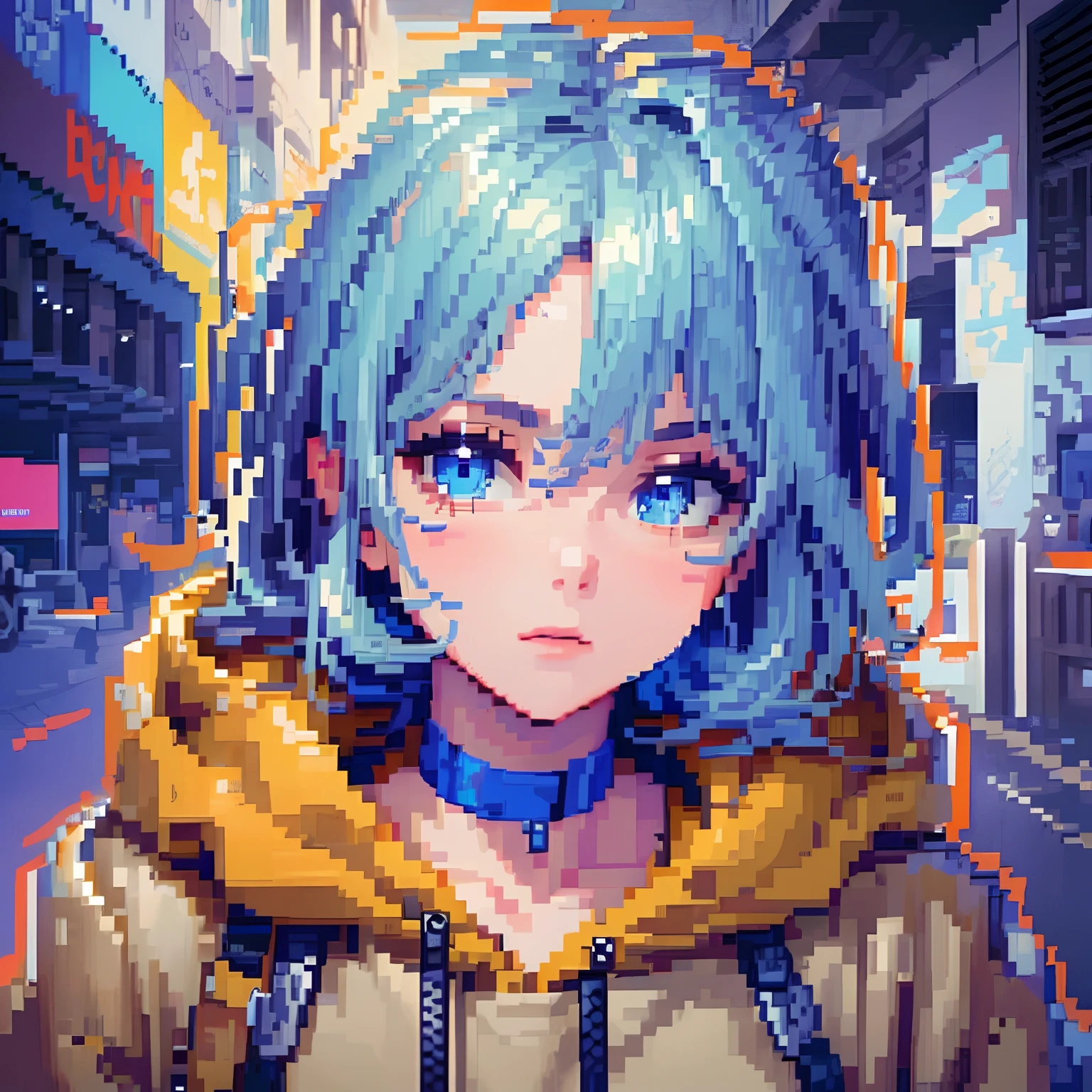 ((The style of pixel art)), pix, 4-bit pixel art, 1 Boys close, Face only, Beige hair, blue hairs, Blue eyes, choker necklace,Loose hoodie,Black hoodie, Pixel official art, absurd res, view the viewer, solofocus, Dynamic Angle, Head tilt, , Ultra-fine pixel art