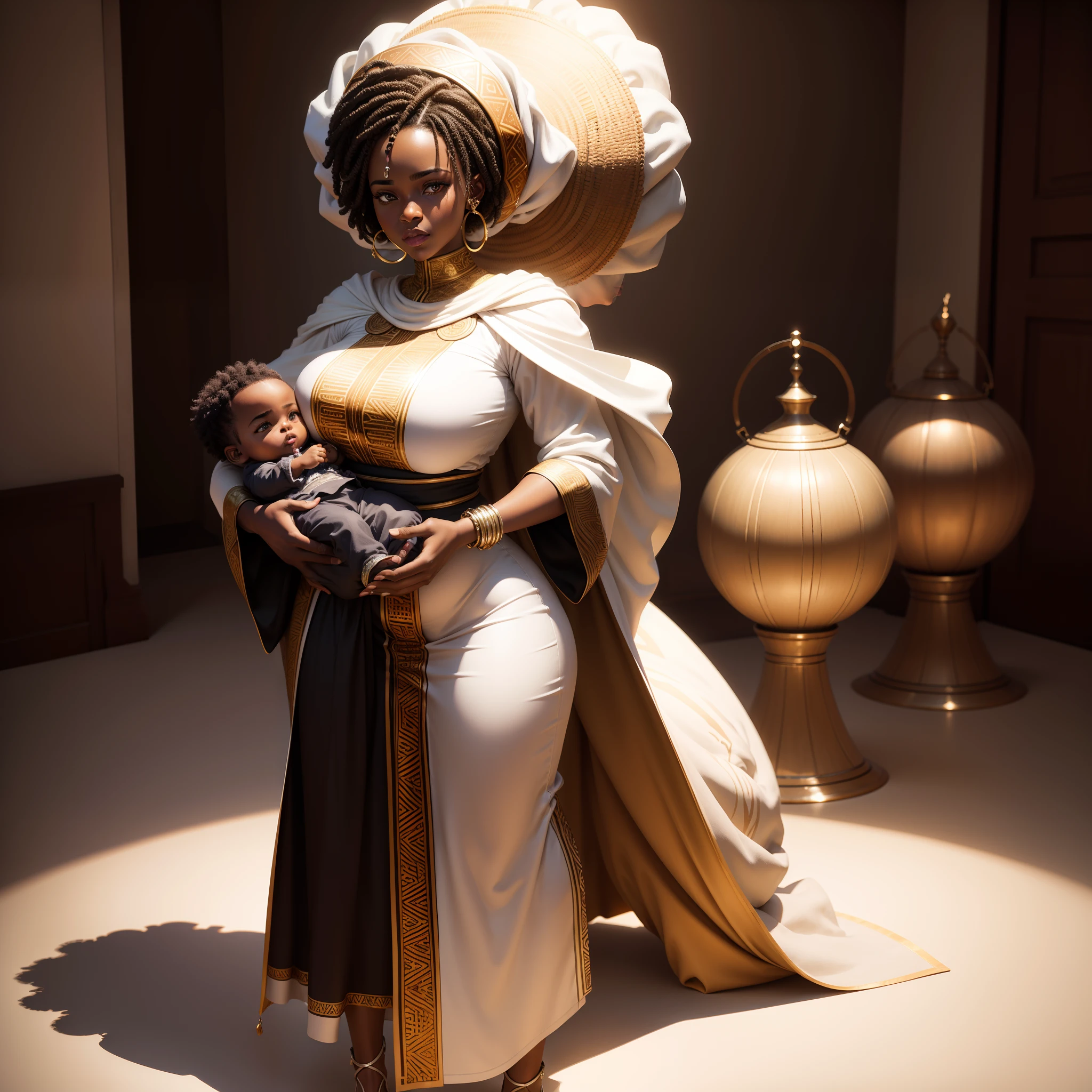 Full body shot of African black woman holding a black baby, both wearing African designed clothes standing in a coloured white African designed room full of African weapons and African instruments, the whole scene in white colour, white smoke in scene, with iridescent light, photorealistic image, 32k, ultra HD, cinematic lighting, artgerm style, highly detailed images, vibrant and beautiful colours,