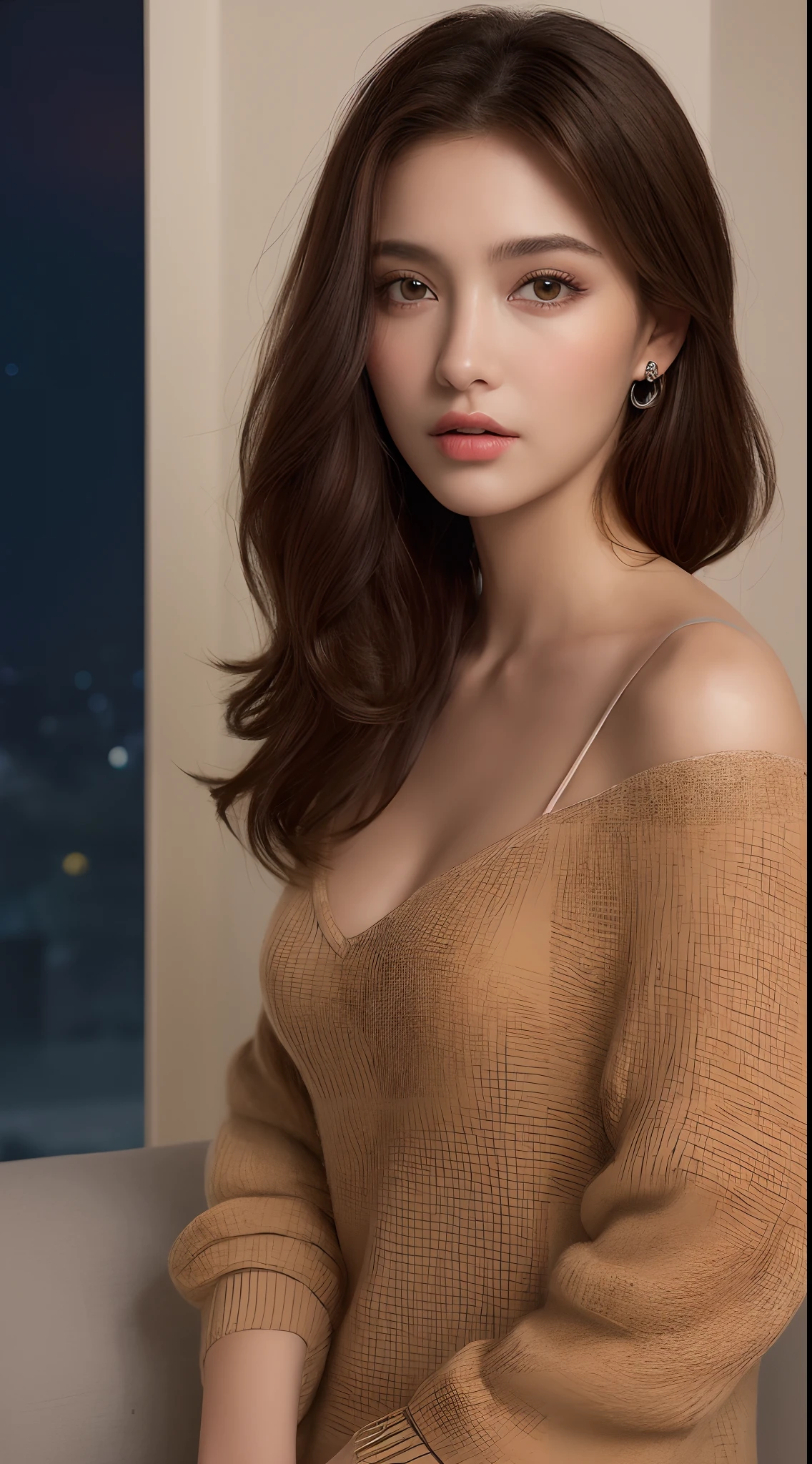 ((Night view, realistic light, best quality, 8k, masterpiece: 1.3)), 1girl, pretty woman with slim figure: 1.4, (brown hair, medium breasts: 1.3), off-the-shoulder cut top: 1.3, sofa, super detailed face, detailed eyes, double eyelids