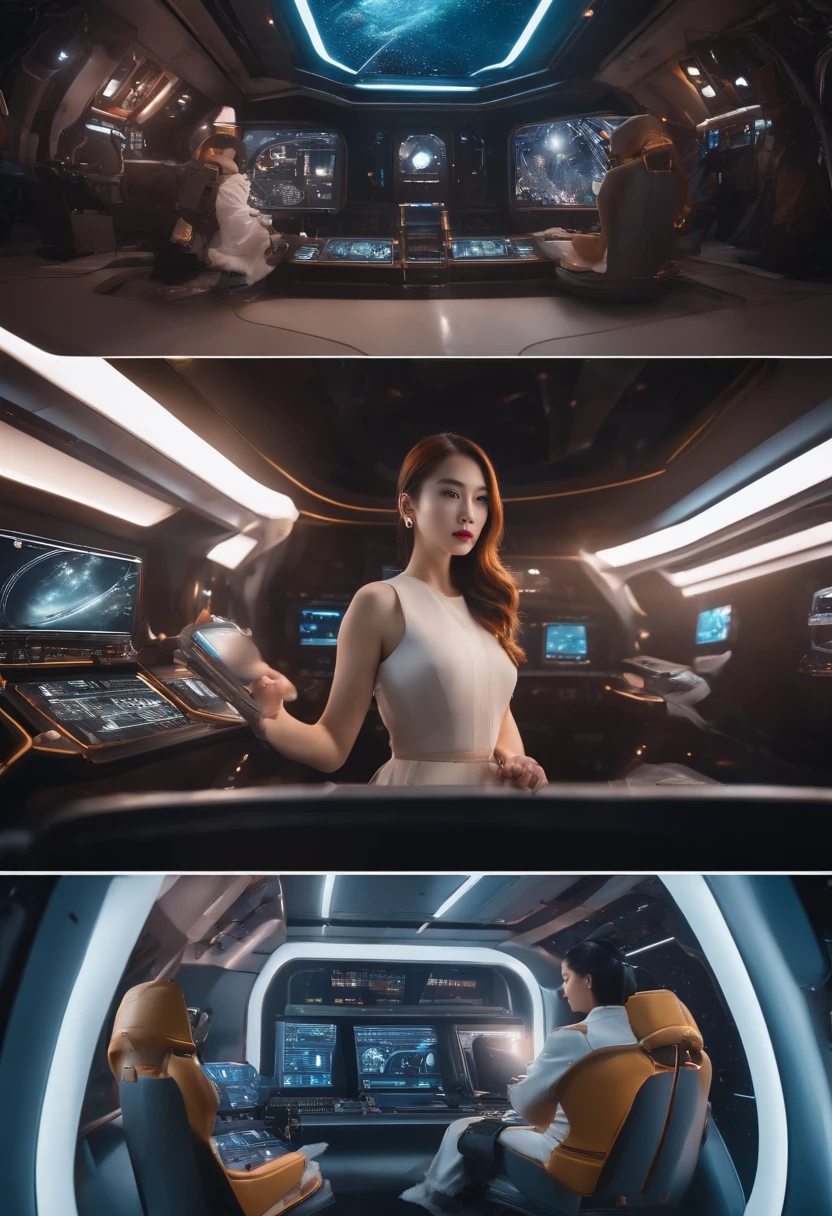 8k、high-level image quality、RAW Photography、Inside the spacecraft、Surrounded by many machines、There are also many monitor screens、Beautiful young woman、The clothes are fluffy、Tools in the hands