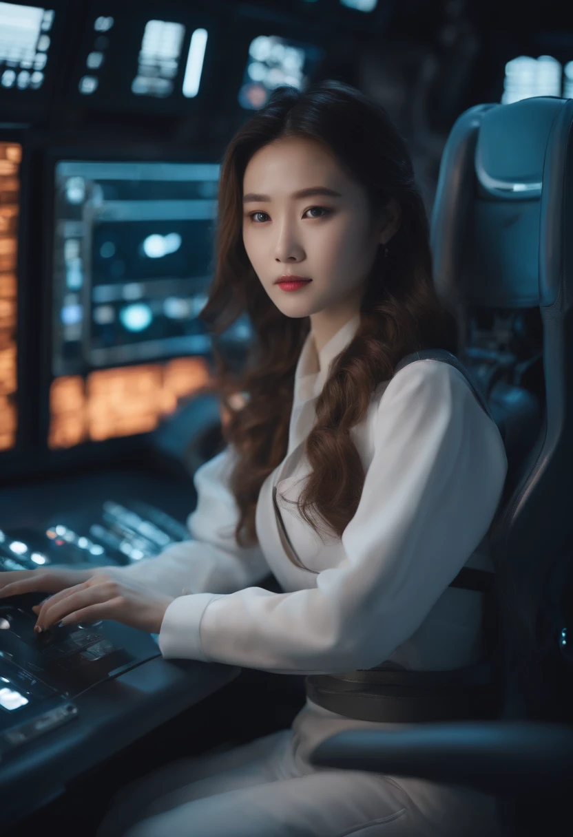 8k、high-level image quality、RAW Photography、Inside the spacecraft、Surrounded by many machines、There are also many monitor screens、Beautiful young woman、The clothes are fluffy、Tools in the hands