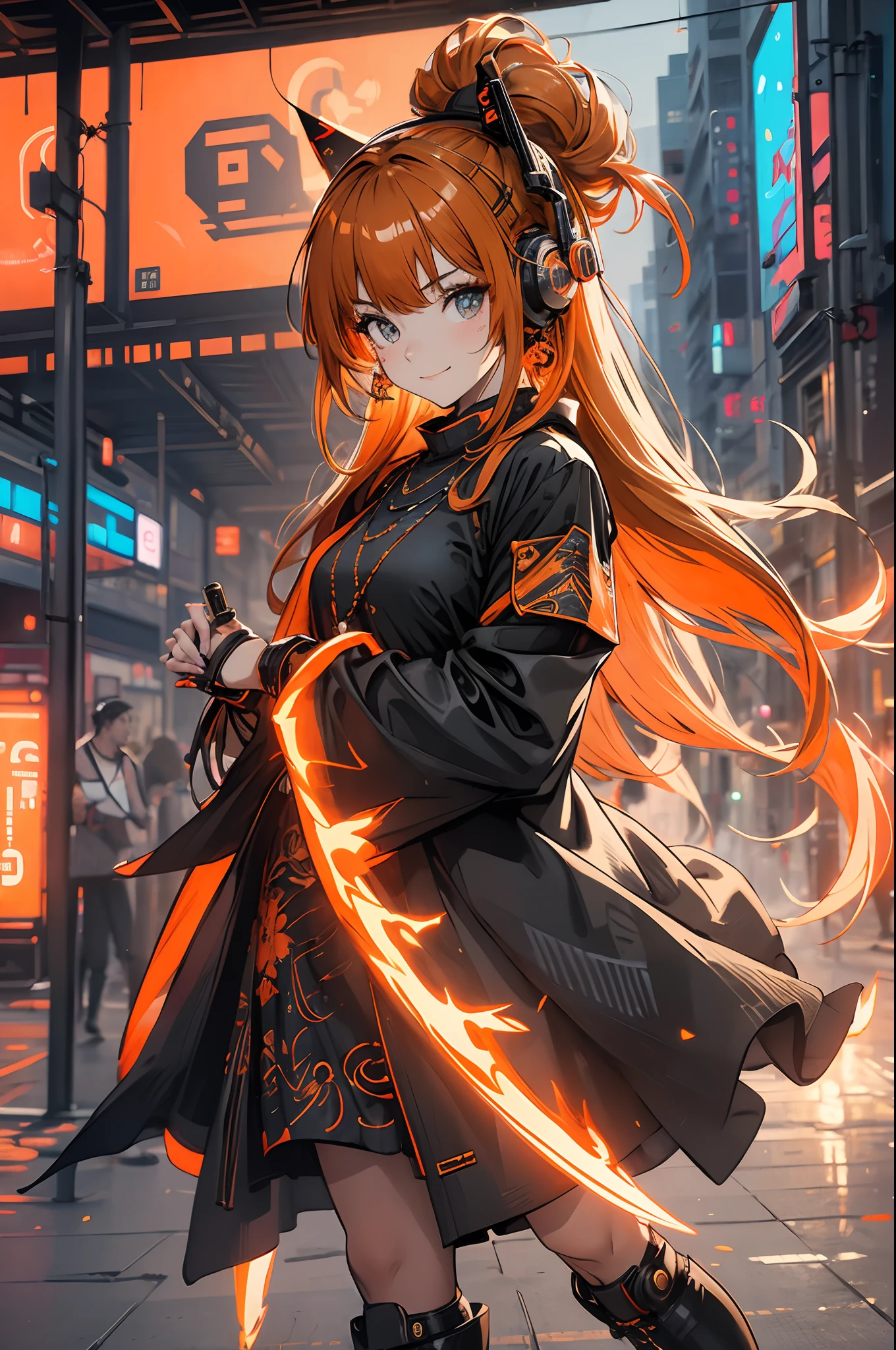 1 girl, Chinese_clothes, metallic black titanium and orange, cyberhan, cheongsam, cyberpunk city, dynamic pose, detailed luminous headphones, glowing hair accessories, long hair, luminous earrings, glowing necklace, cyberpunk, high-tech city, full of mechanical and futuristic elements, futurism, technology, glowing neon, orange, orange light, fluorescent orange, skirt, cape, coat, laser, digital background, urban sky, big moon, with vehicle, best quality, masterpiece, 8K, Character edge light, super high detail, high quality, the most beautiful woman in human beings, slight smile, face facing front left and right symmetry, ear decoration, beautiful pupils, light effects, visual data, pick and dye orange, dye hair, super detail facial texture, happy and proud, weapon system, mecha style, crowded street passers-by, full body in camera, infinite zoom, super light and shadow, various poses, long hair flowing, glowing boots