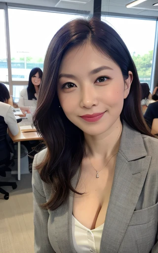 masterpiece,best quality, (1 milf), ((close up:1)), ((cross arms)), glare, gray blazer, white shirt, Clothes with big Cleavage View, double eyelid, eyelash, lip gloss, (smile:1), ((close eyes:0.85)), ((open mouth:1)), ((Looking at Viewer)), RAW, (from above:0.2), nobody office,