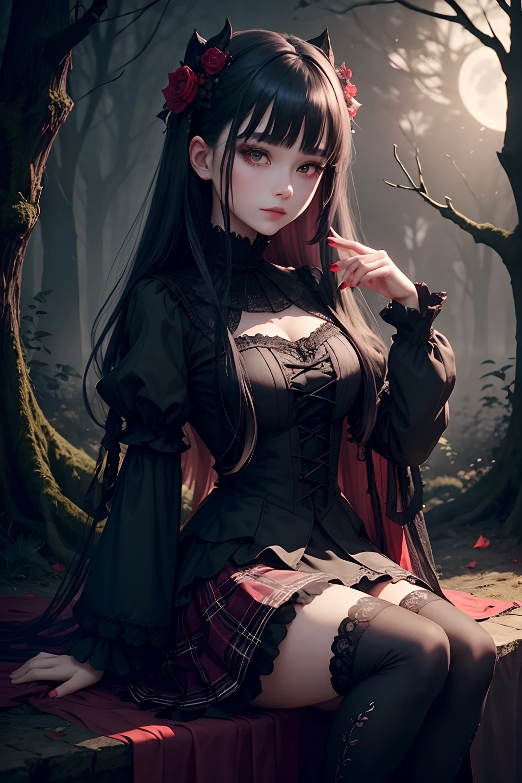 Surrounded by gardens with a dark and eerie atmosphere, With wilted flowers and twisted trees, Full moon shining in a cloudy sky, Create an unforgettable atmosphere.extremely detailed eye and face、Black straight hair、Black Knee High Socks、garterbelts、Red Rose、21years old、wretched、Cheek dyeing、Mystical expression、gotik、Beautie、Dark late night forest landscape、Glamour、boredom、A sexy、Foggy、shadings、Dark Gothic Makeup、Soft expression、Fantastical、Ambience、Beauty、decadent、A slight smil、Red plaid skirt、Black Goth ta Dress、Bell Sleeve、Wizard Sleeve、