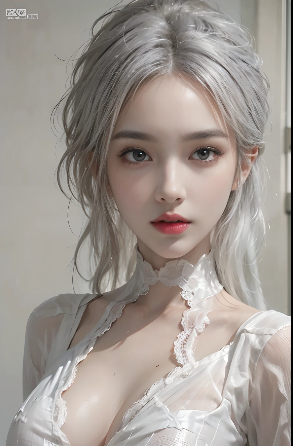 Photorealistic, high resolution, 1 Women, Solo, Hips up, view the viewer, (Detailed face), White hair, Black lace bodysuit