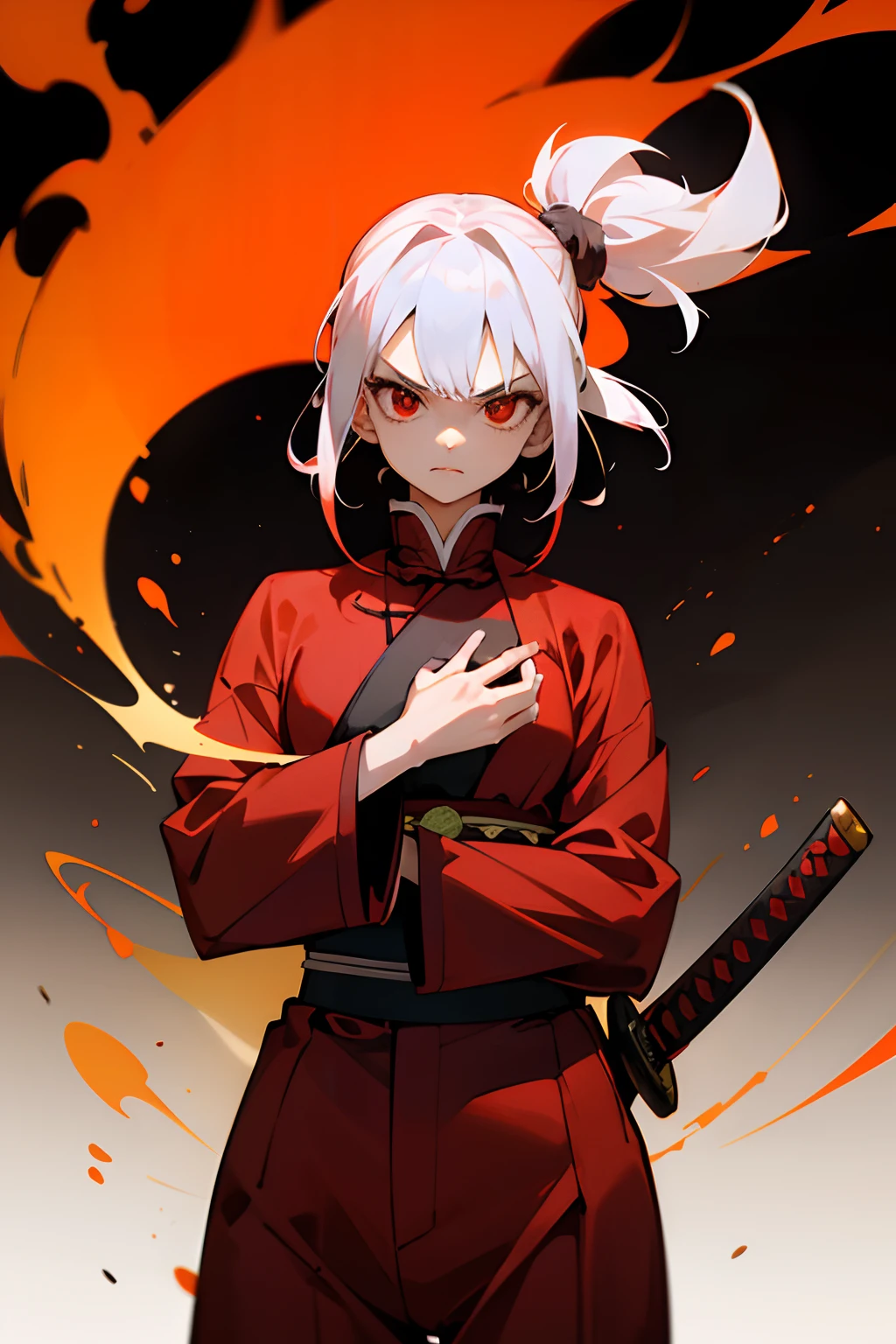Anime young woman, short hair, hair tied back, colored white hair, strong body, red eyes, medium chest, small thighs, big body, angry face, Demon Slayer art style, anime art style, ((demon slayer red color haori)), red color haori, red pants, ((holding a katana)), black color metal katana, Samurai Pose, camera above, fire coming out of the katana, Fire background, black background, dark environment, feeling of heat, intense heat, yellow and red fire, Sinister color palette, sharp colors, vivid colors, 4k Masterpiece, best quality, Best Lighting, realistic shadows