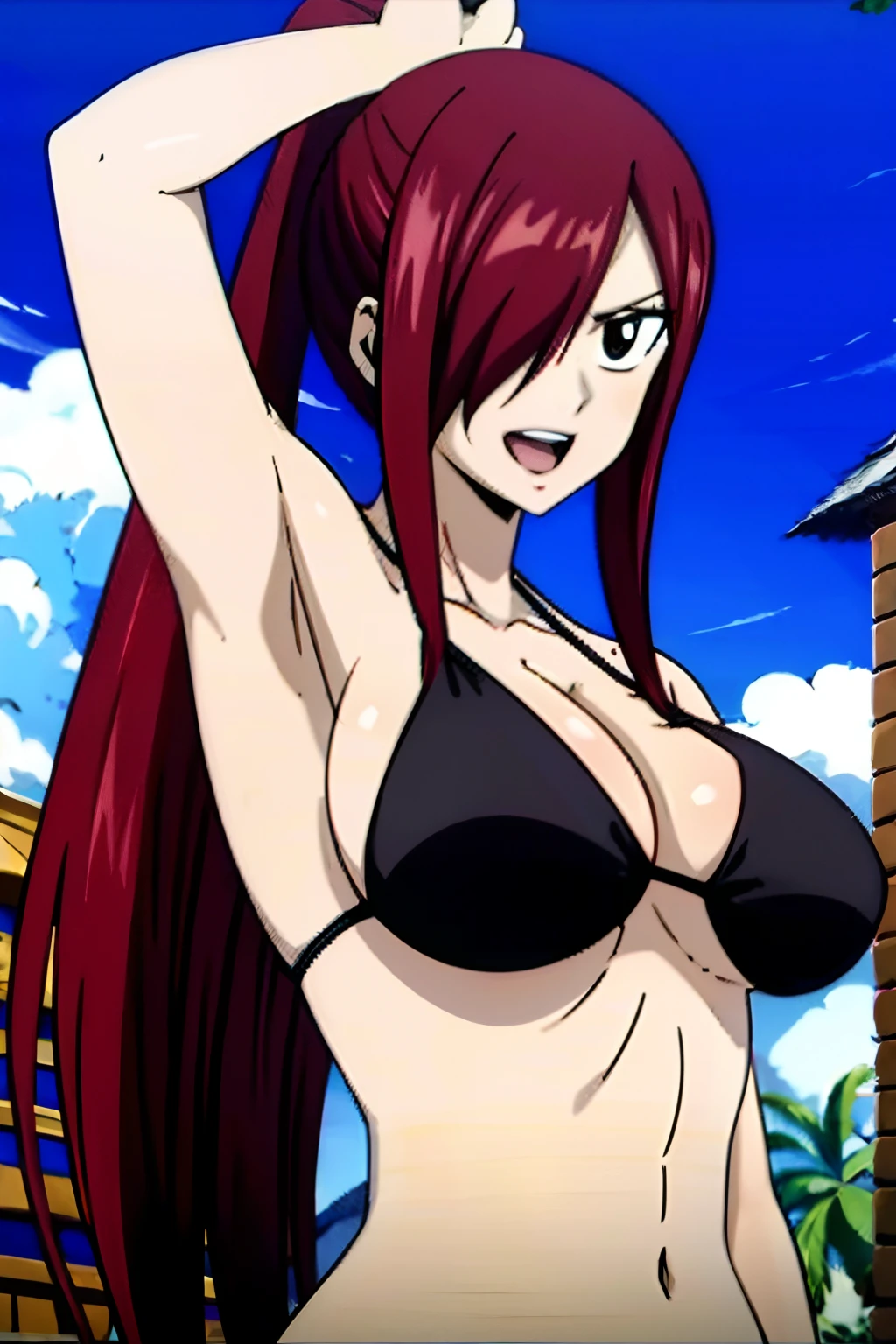 masterpiece, anime style, beach, best quality, highres, fairy tail, 1girl, long hair, ponytail, reddish hair, (bang cover one eye, one hidden eye, brown eye), large breasts, collarbone, midriff, black bikini, standing, outdoors, smile, open mouth, emo hair, thick arms, broad shoulders, tattoo only on shoulder, mature woman, (tall), wide shoulders, long belly, armpit