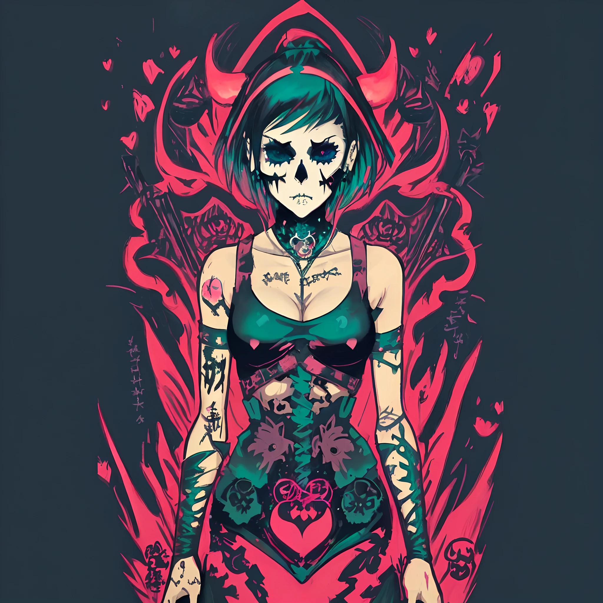 goth girl, Looking at the ground at night, Half the body in skull swords crossing the heart 2d comic suffering, grafity, illustration, fantasia sombria, poster