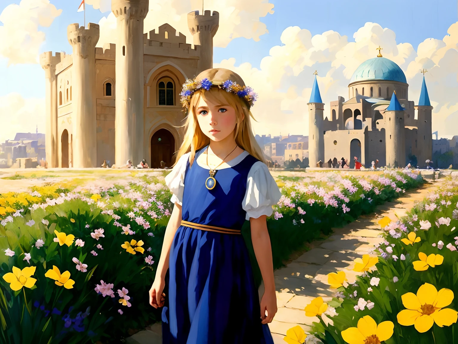 modelshoot style, (extremely detailed CG unity 8k wallpaper), full shot body photo of the most beautiful artwork in the world, (14y old beautiful byzantine girl,light blonde hair, blue eyes, wearing byzantine princess dress, byzantine crown on the head, wearing a beautiful necklace), (waving a bright flower basket in front of a castle),professional majestic oil painting by Ed Blinkey, Atey Ghailan, Studio Ghibli, by Jeremy Mann, Greg Manchess, Antonio Moro, trending on ArtStation, trending on CGSociety, Intricate, High Detail, Sharp focus, dramatic, photorealistic painting art by midjourney and greg rutkowski