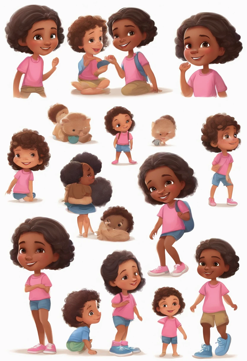 Ana, various poses and expressions on white background, children's book illustration style, simple, cute, 6 ,
colors, short brown hair, dark skin, plain color, pink short-sleeved shirt, denim shorts.