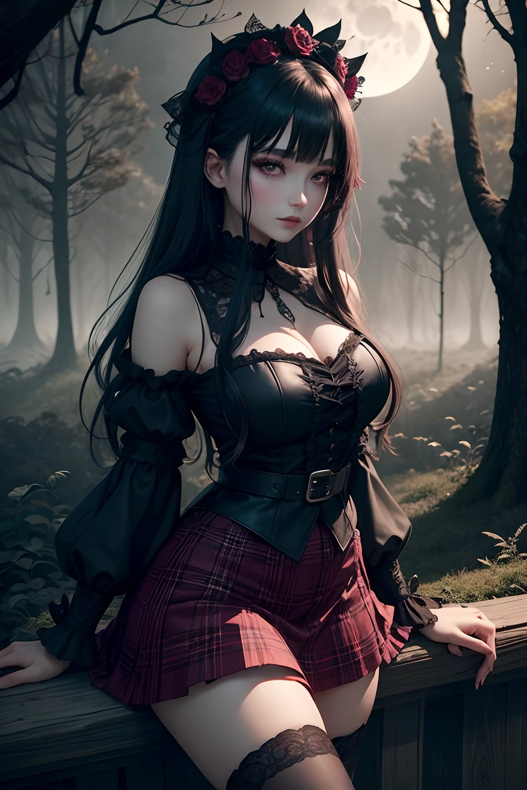 Surrounded by gardens with a dark and eerie atmosphere, With wilted flowers and twisted trees, Full moon shining in a cloudy sky, Create an unforgettable atmosphere.extremely detailed eye and face、Black straight hair、Red plaid skirt、Black Goth Lori Blouse、Bell Sleeve、Wizard Sleeve、Black Knee High Socks、garterbelts、Red Rose、21years old、wretched、A slight smil、Cheek dyeing、Mystical expression、gotik、Beautie、Dark late night forest landscape、Glamour、boredom、A sexy、Foggy、shadings、Dark Gothic Makeup、Soft expression、