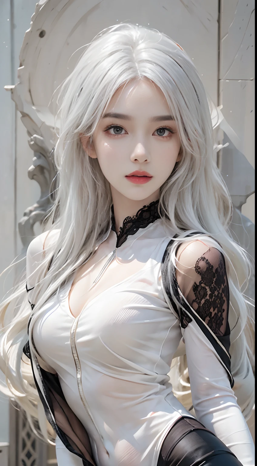 Photorealistic, high resolution, 1 Women, Solo, Hips up, view the viewer, (Detailed face), White hair, Black lace bodysuit
