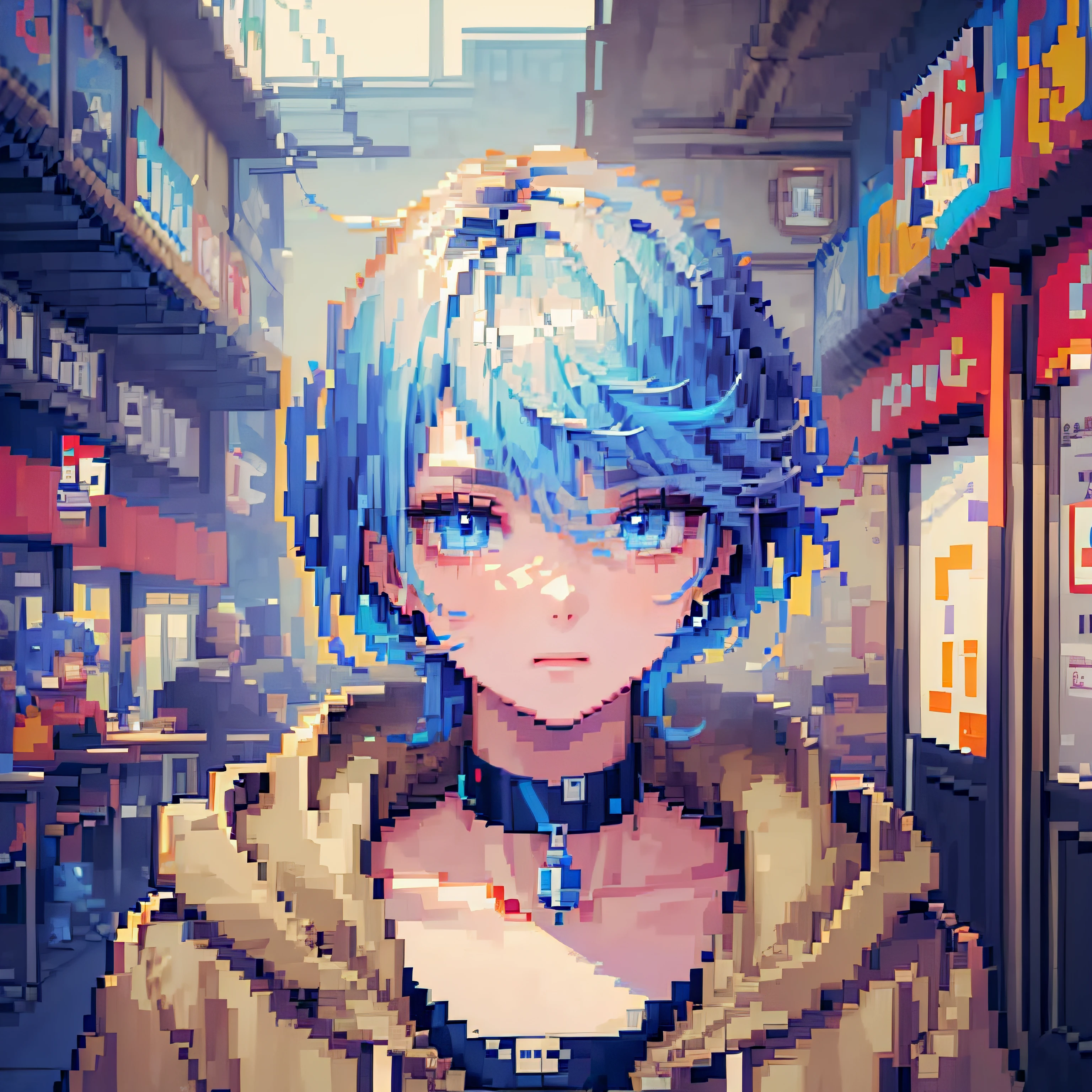 ((The style of pixel art)), pix, 4-bit pixel art, 1 Boys close, Face only, Beige hair, blue hairs, Blue eyes,  choker necklace,Loose hoodie,Black hoodie， Pixel official art, absurd res, view the viewer, solofocus, Dynamic Angle, Head tilt, , Ultra-fine pixel art