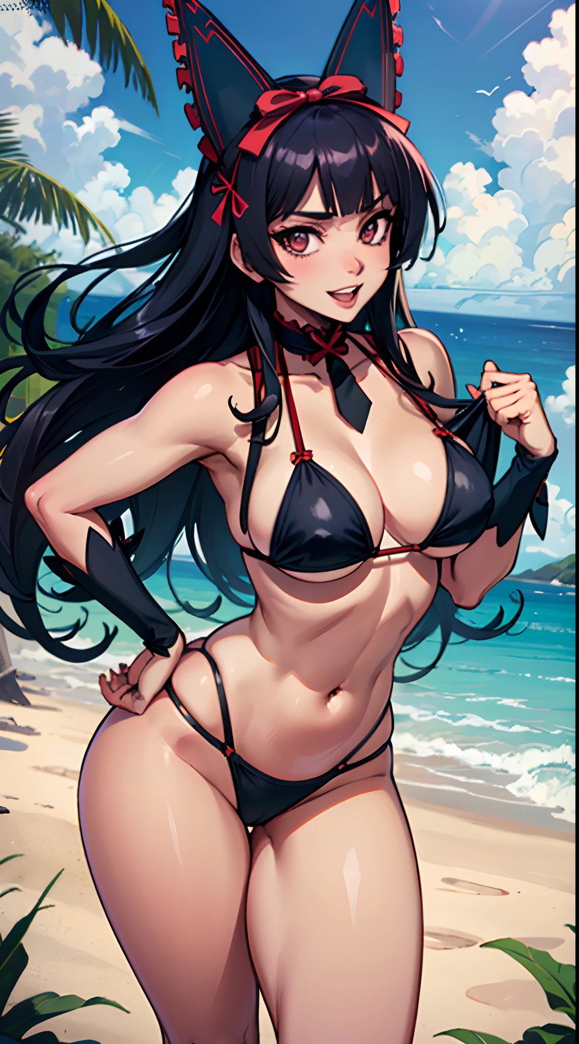 (best quality:1.3),  Rory Mercury  , (nitidez nos olhos),  peituda, clivagem, sedutora, sexy, body curvy, bunda grande, peitos grandes, (bikini) , (beach)