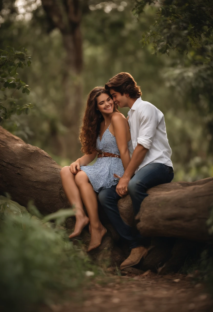 A teenage couple in love is in a quiet park, desfrutando de um momento especial juntos. The young woman is a red-haired girl with long, curly hair, olhos verdes radiantes e um lindo sorriso que ilumina seu rosto. She's wearing a flowery blouse and jeans, irradiando alegria e felicidade.

The young man is a young man with black hair and deep blue eyes. He's so in love with the girl he can't resist, inclinando-se para beijar suavemente a bochecha dela. His gesture is full of tenderness and affection, refletindo o amor que compartilham.

The surrounding environment is serene, with the sun shining softly and the trees offering comforting shade. The couple is sitting together, sharing an intimate and special moment, cercado pela beleza da natureza.

This scene conveys the excitement and joy of a teenage couple in love, capturando um instante de carinho e afeto. It's a precious moment they share, onde apenas o amor e a felicidade existem.