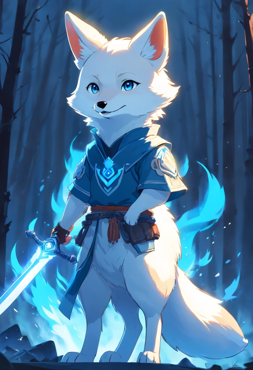 best quality, 8k, a mythical white fox with blue flames on parts of its body holding a sword with his mouth, dark souls scenario, pc wallpaper,