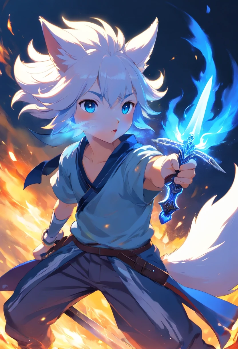 best quality, 8k, a mythical white fox with blue flames on parts of its body holding a sword with his mouth, dark souls scenario, pc wallpaper,