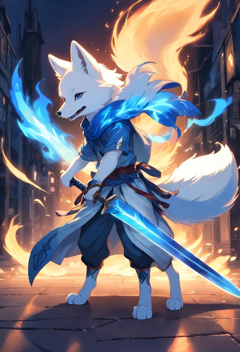 best quality, 8k, a mythical white fox with blue flames on parts of its body holding a sword with his mouth, dark souls scenario, pc wallpaper,