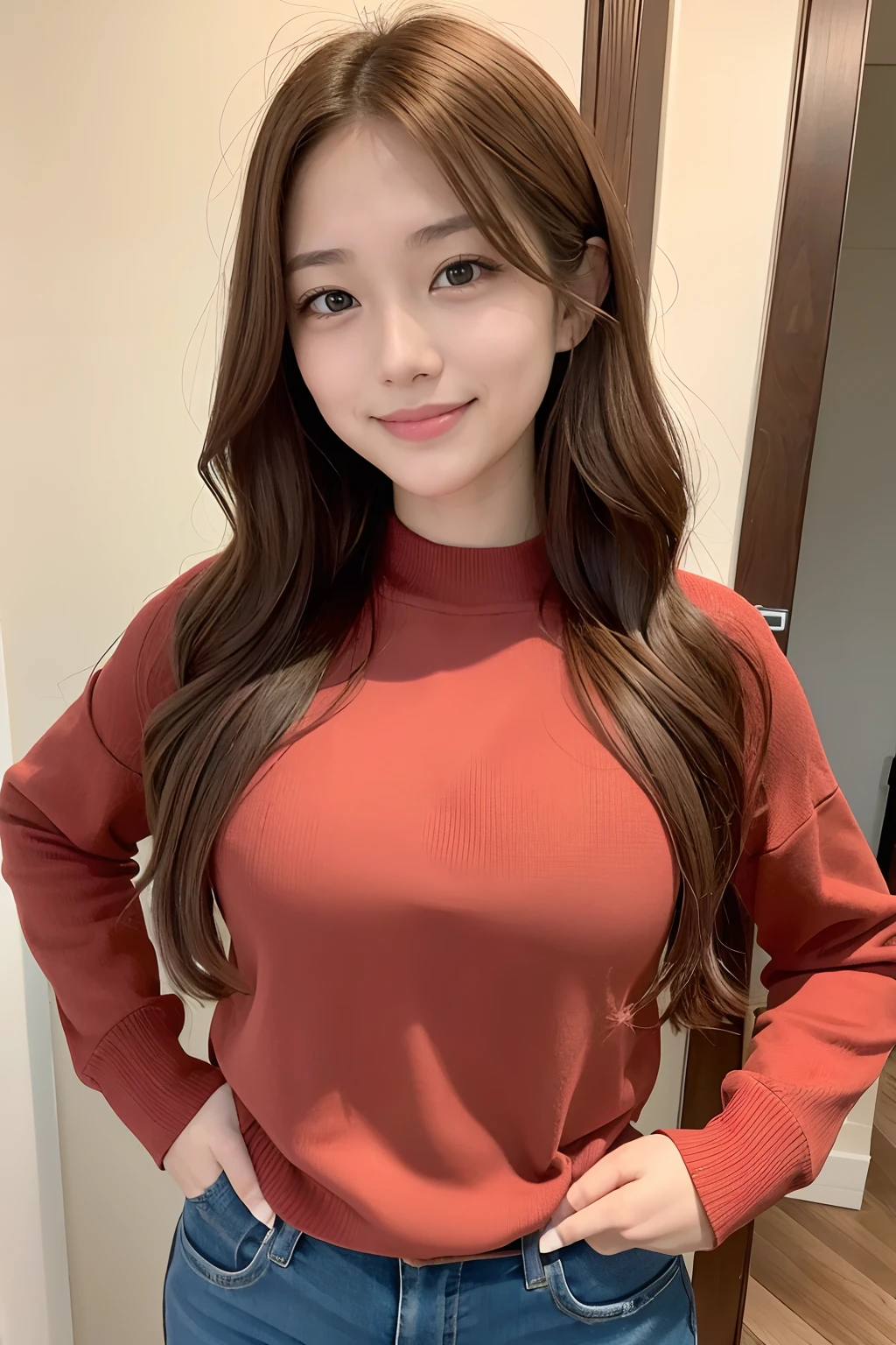 piece（Reddish-brown bright, bright and wavy hair：1.2）of 25-year-old young girl，Smiling eyes，wearing casual cloths，high qulity，the detail，Frontal lighting