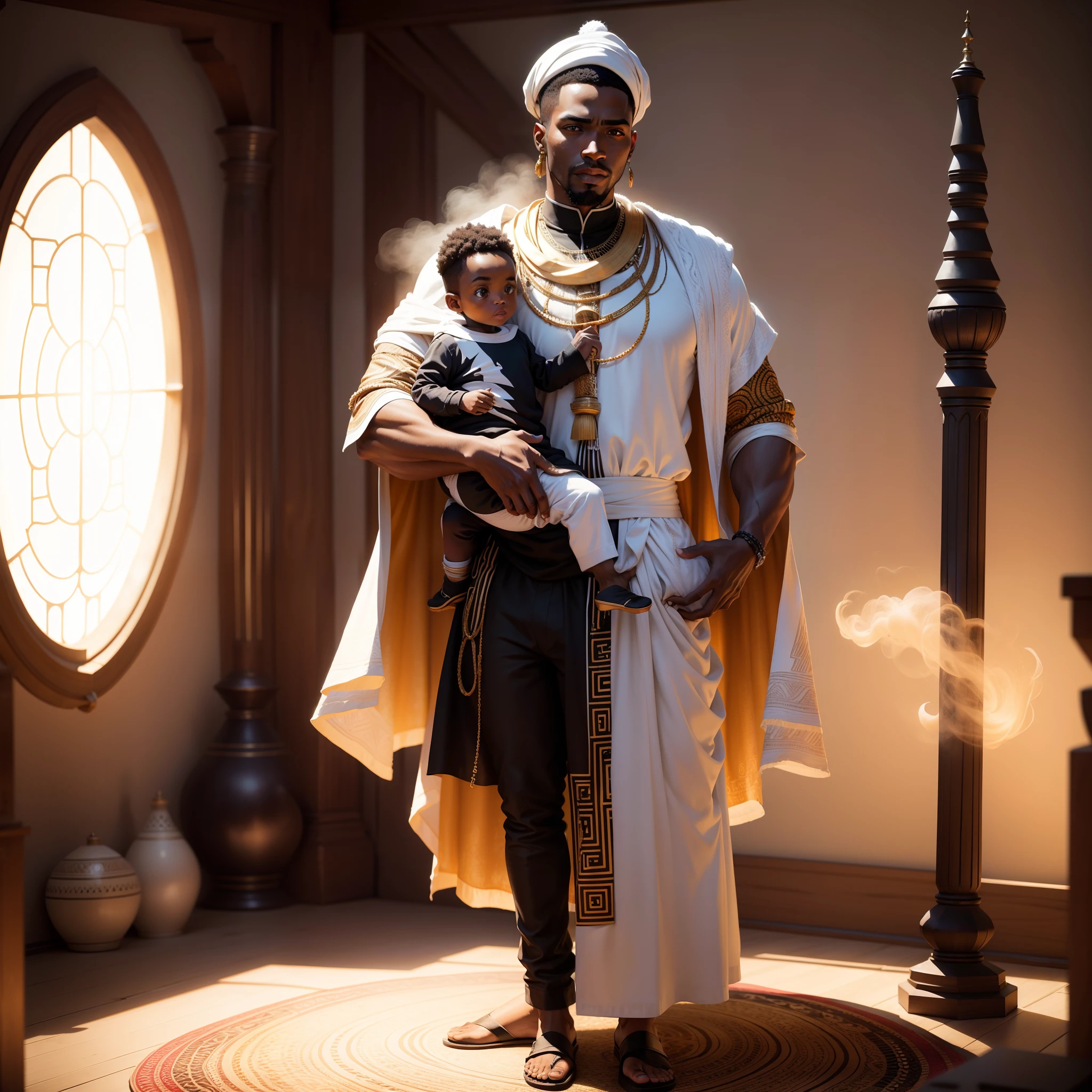 Full body shot of African black man holding a black , both wearing African designed clothes standing in a coloured white African designed room full of African weapons and African instruments, the whole scene in white colour, white smoke in scene, with iridescent light, photorealistic image, 32k, ultra HD, cinematic lighting, artgerm style, highly detailed images, vibrant and beautiful colours,