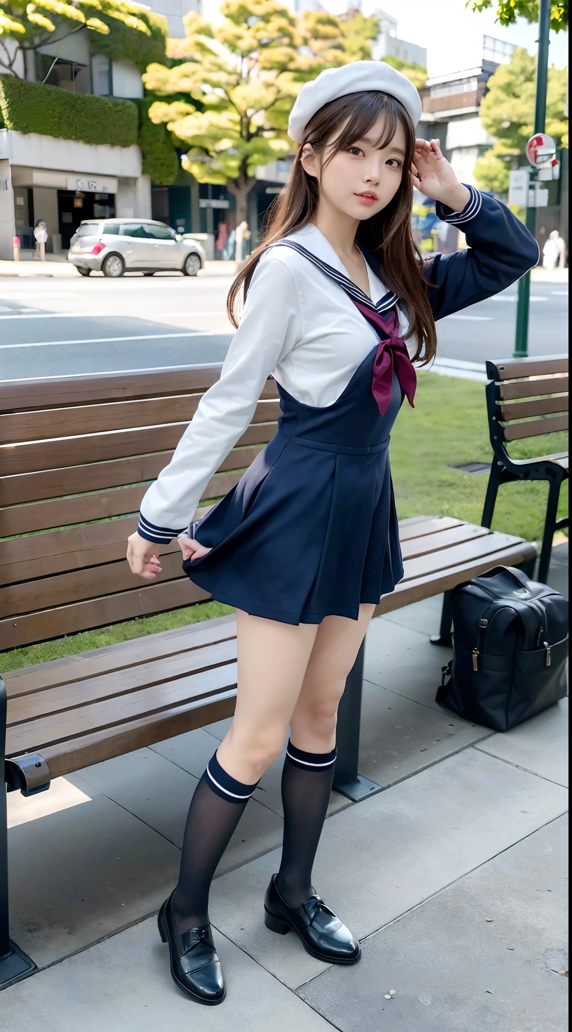 mix4, (16 K, Raw photography, Top image quality, masterpiece: 1.45), (realisitic, Photorealsitic: 1.37), one girls, 7.5, etc、Standing figure,Noon time slot、cute little, A city scape,, profetional lighting, photon maping, Cityscape with street trees, physically-based renderingt, Gradient dark brown hair,, a handsome, Well-groomed and beautiful eyes、Large double eyelids、Very shiny、girl with, (((student clothes、Long sleeve sailor suit worn by Japan girl、red cuffs、Dark blue mini skirt, Small gray beret、Dark blue knee-high socks、Black loafers))), Top Quality Photos, hight resolution, 1080p, (clearface), (Detailed face description), (Detailed hand description), (masterpiece), (Exquisite CG)、extreme light and shadows、dishevled hair、master work、abundant detail、(Fine facial features)、(top quality photo)、(masuter piece)、(A detailed eye)、Look in front of you、Fine clavicle、((Slender big))、(((Japan schooln long-sleeved sailor suit)))、((Ready Idol System))、((Boulevard with street trees、Bus stop、timetable、Benches))、(Shooting from random perspectives)、(((Anyway cute)))、耳Nipple Ring、A big smile、Drawing the whole body from the knees、Do not draw nasolabial folds、(((Long-sleeved sailor suit)))、(Big breasts that hang down big:0.9)、Big buttocks with tension、Two arms and two legs、(((from the front side:0.5)))、bare hand、No mask