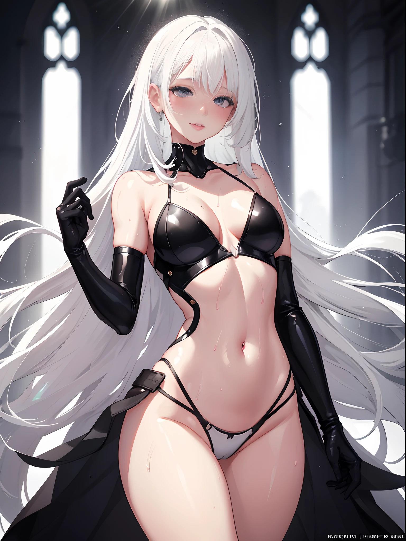 1girl, white hair, grey eyes, parted lips, blush, makeup, light smile, wet, light rays, glow, thighs, collarbone, narrow waist, (masterpiece), gloves