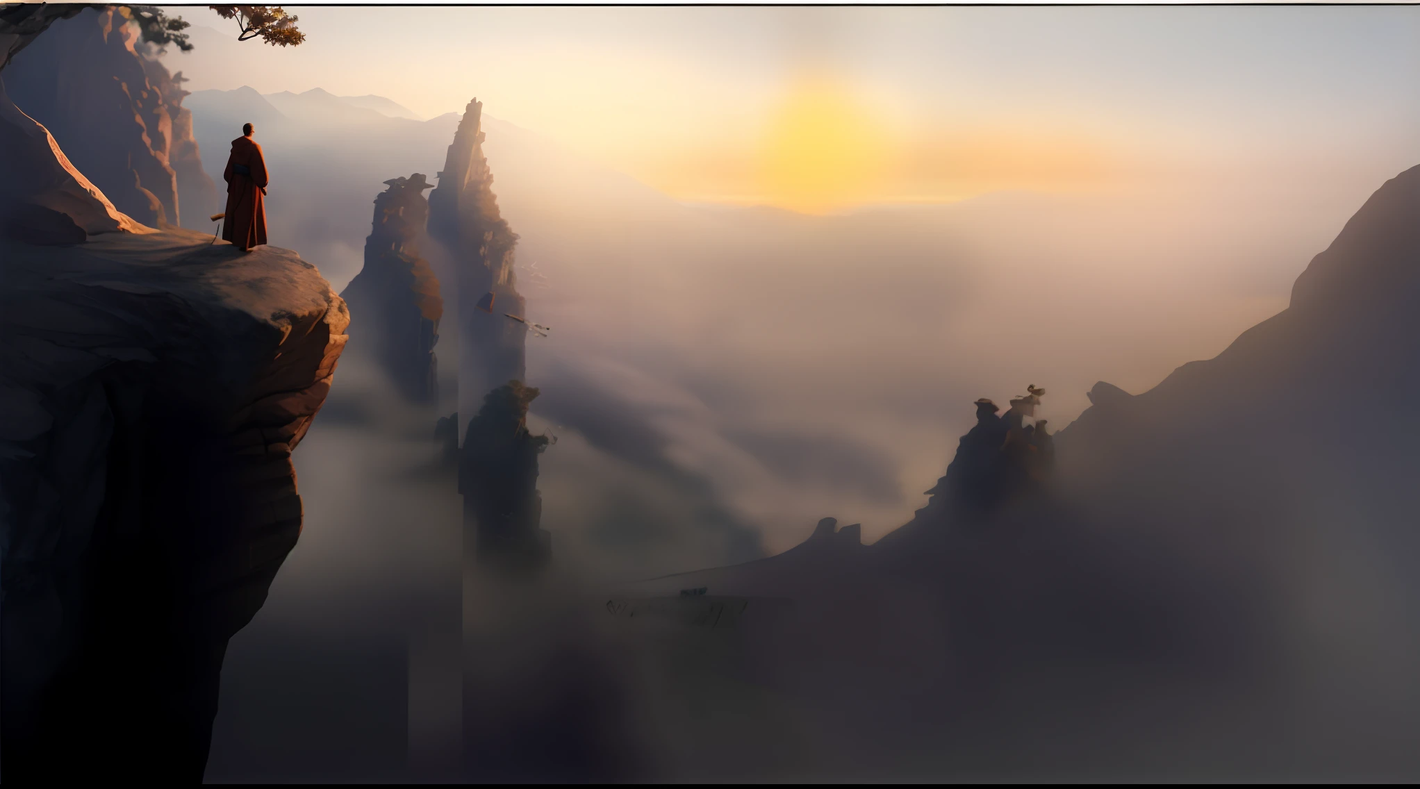 Wire view of a man standing on a cliff overlooking a valley, Pintura fosca otimista, pintura fosca requintada, illustration matte painting, epic matte painting, majestosa pintura fosca, inspirado em Raphael Lacoste, arte conceitual pintura fosca, Pintura fosca renderizada em 3D, Pintura fosca 8k, Pintura fosca 8K, pintura fosca impressionante, pintura fosca plana, pintura fosca sonhadora
