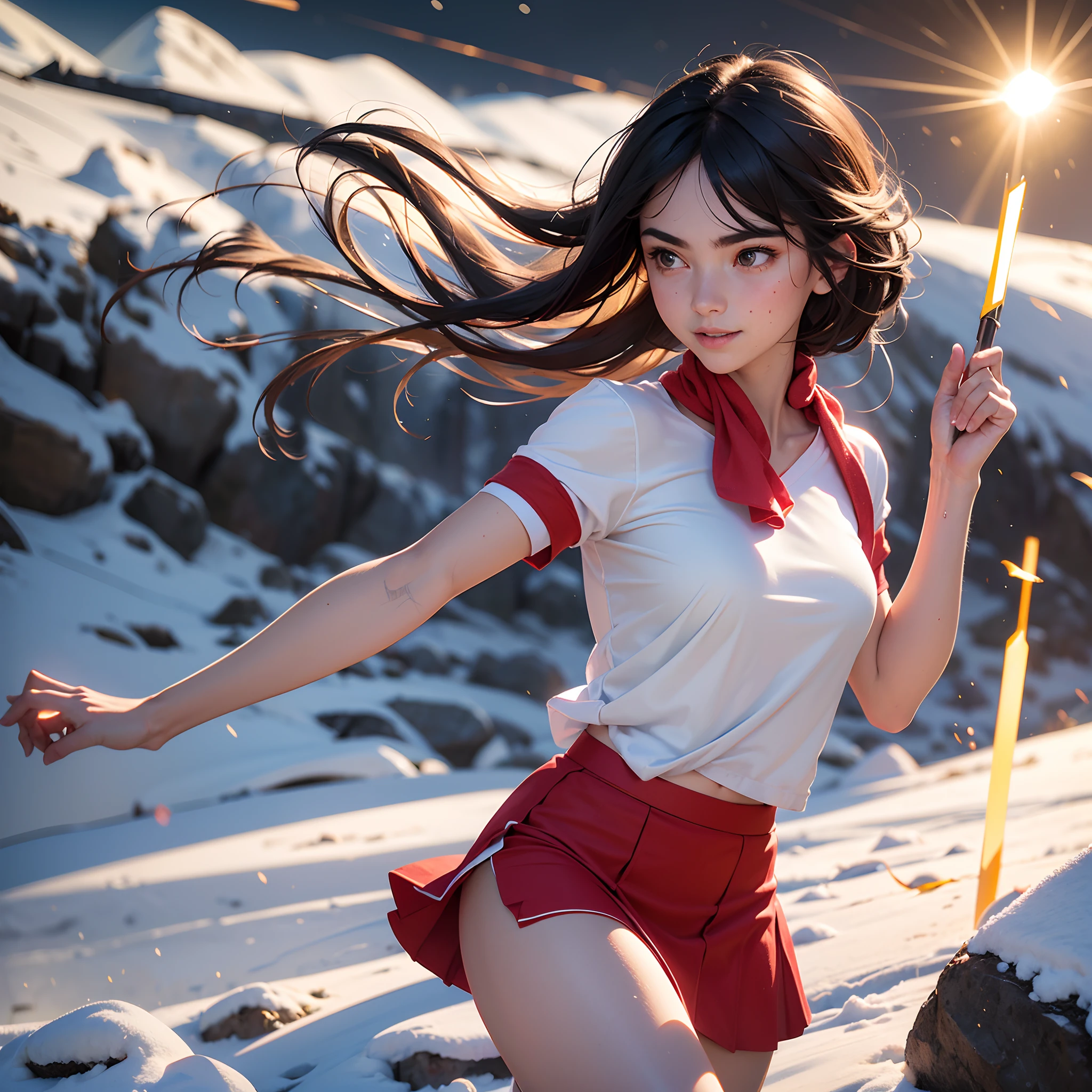 Mountaineering theme,((Magnificent mountain background)),(1个Giant Breast Girl,Masterpiece Girl),anatomy correct,Delicate facial features,Delicate skin,With a smile,(White loose short sleeves:1.4 BREAK red skirt:1.5),((Sports socks)),(Sports white towel around the neck:1.5),((perspired:1.6)),(illustratio:1.2,geomerty:1.2,3Drenderingof),(best qualtiy,high detal,tmasterpiece,sun light,8K,Chiaroscuro),((full bodyesbian))