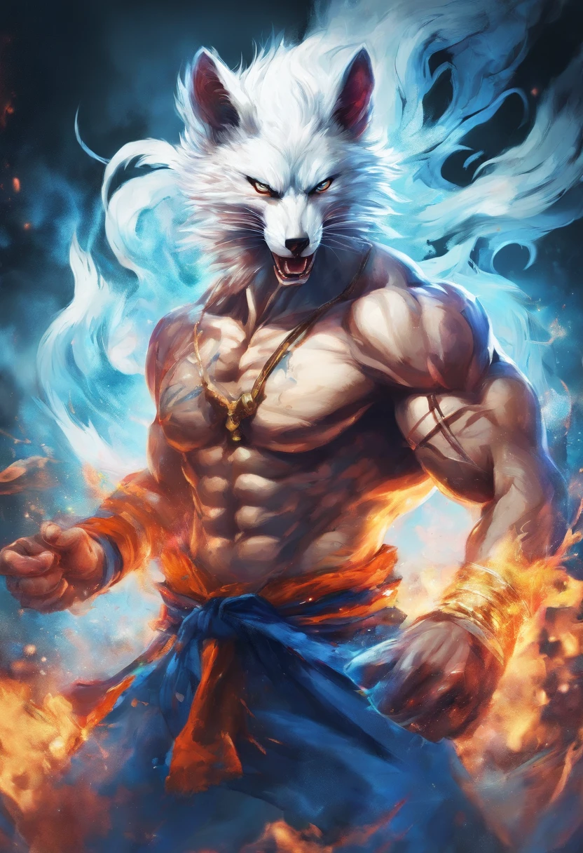 best quality, 8k, a mythical white fox with blue flames on parts of its body holding a sword with his mouth, dark souls scenario, pc wallpaper,