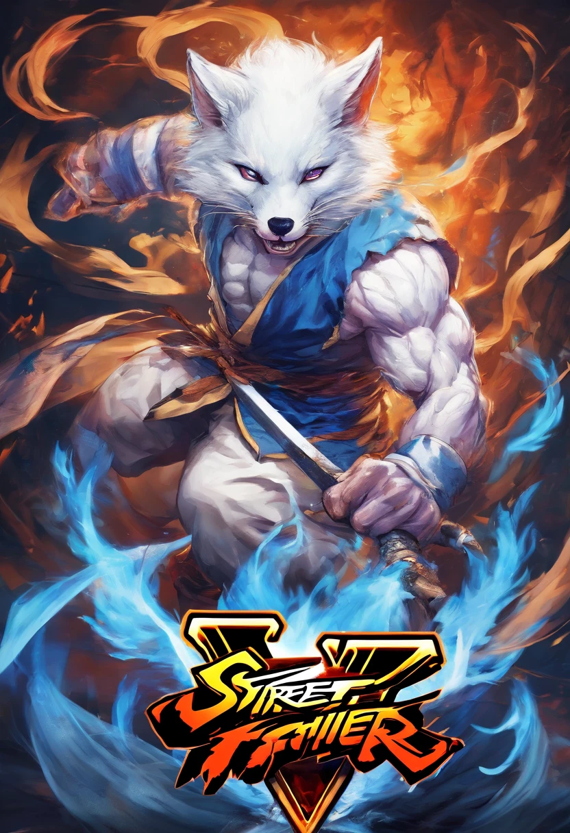 best quality, 8k, a mythical white fox with blue flames on parts of its body holding a sword with his mouth, dark souls scenario, pc wallpaper,