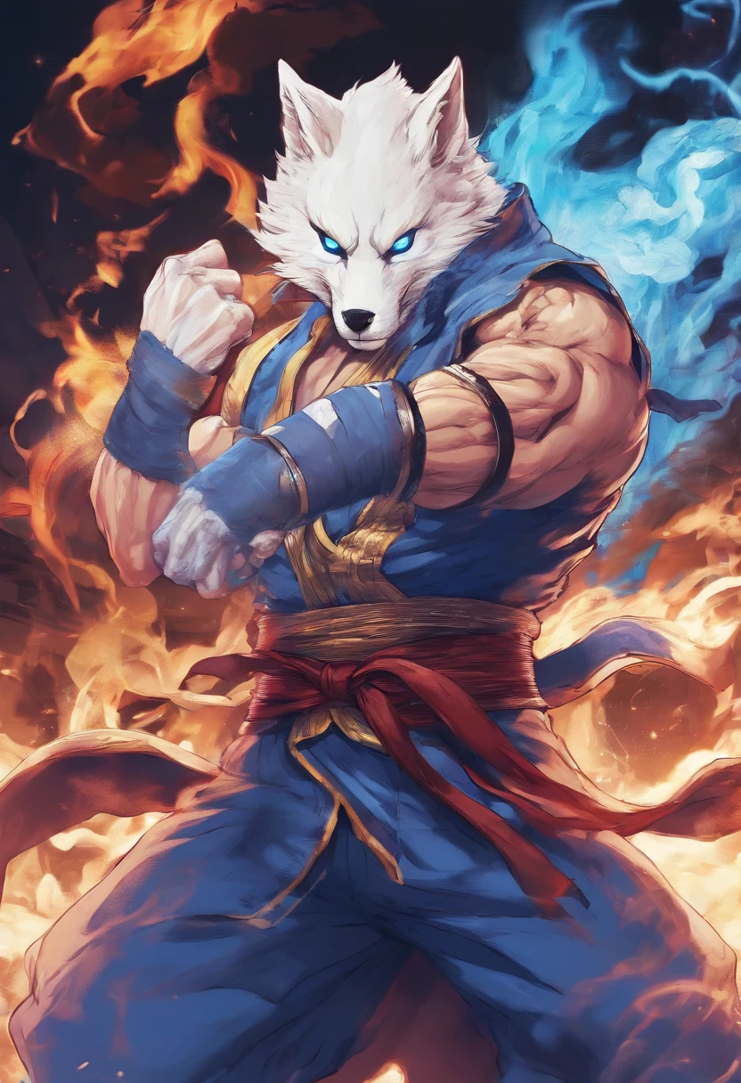 best quality, 8k, a mythical white fox with blue flames on parts of its body holding a sword with his mouth, dark souls scenario, pc wallpaper,