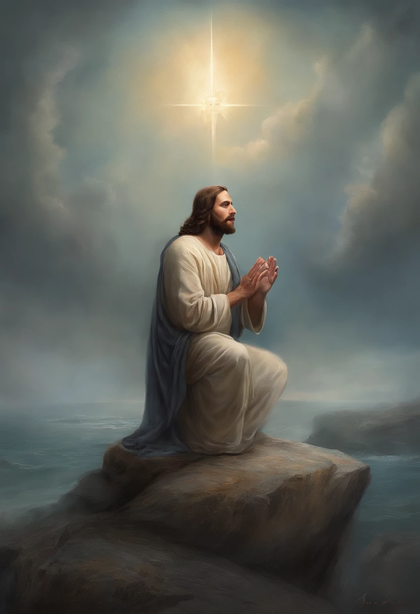 Jesus Cristo, kneeling praying to the heavens, diante de um orisonte lindo, com o sol se pondo, in connection with the divine, foto retrato, Directed by: Drew Tucker, Directed by: Adam Marczyński, Directed by: Alexandre Kucharsky, Directed by: Gavin Nolan, Surrealismo 8K, Directed by: Jason Felix, Yuri Shwedoff e Tom Bagshaw, arte ilustrativa, Estilo Erik Johansson