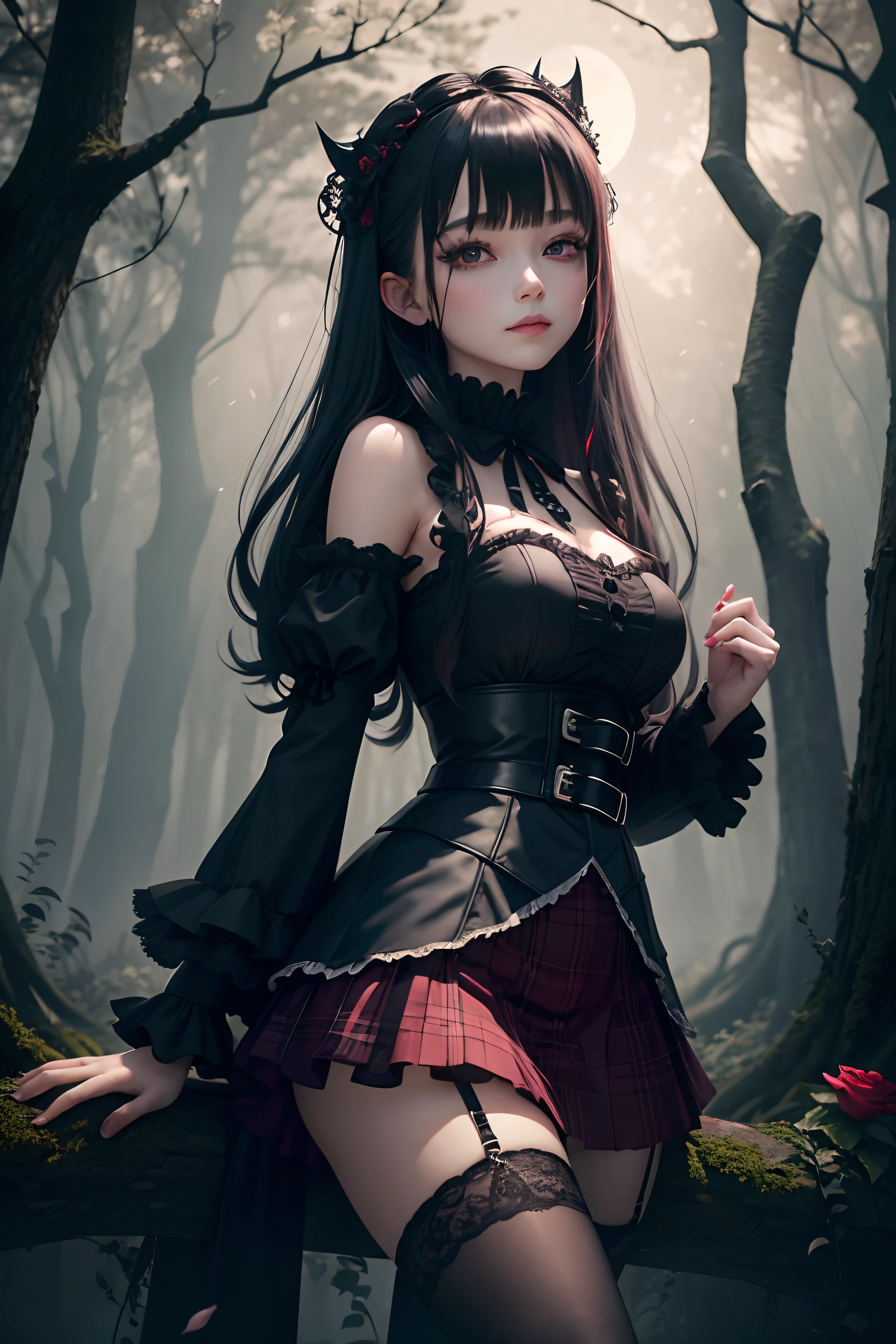 Surrounded by gardens with a dark and eerie atmosphere, With wilted flowers and twisted trees, Full moon shining in a cloudy sky, Create an unforgettable atmosphere.extremely detailed eye and face、Black straight hair、Red plaid skirt、Black Goth Blouse、Sleeves are spread、Black Knee High Socks、garterbelts、Red Rose、21years old、wretched、A slight smil、Cheek dyeing、Mystical expression、gotik、Beautie、Dark late night forest landscape、Glamour、boredom、A sexy、Foggy、shadings、Dark Gothic Makeup、soft expression、