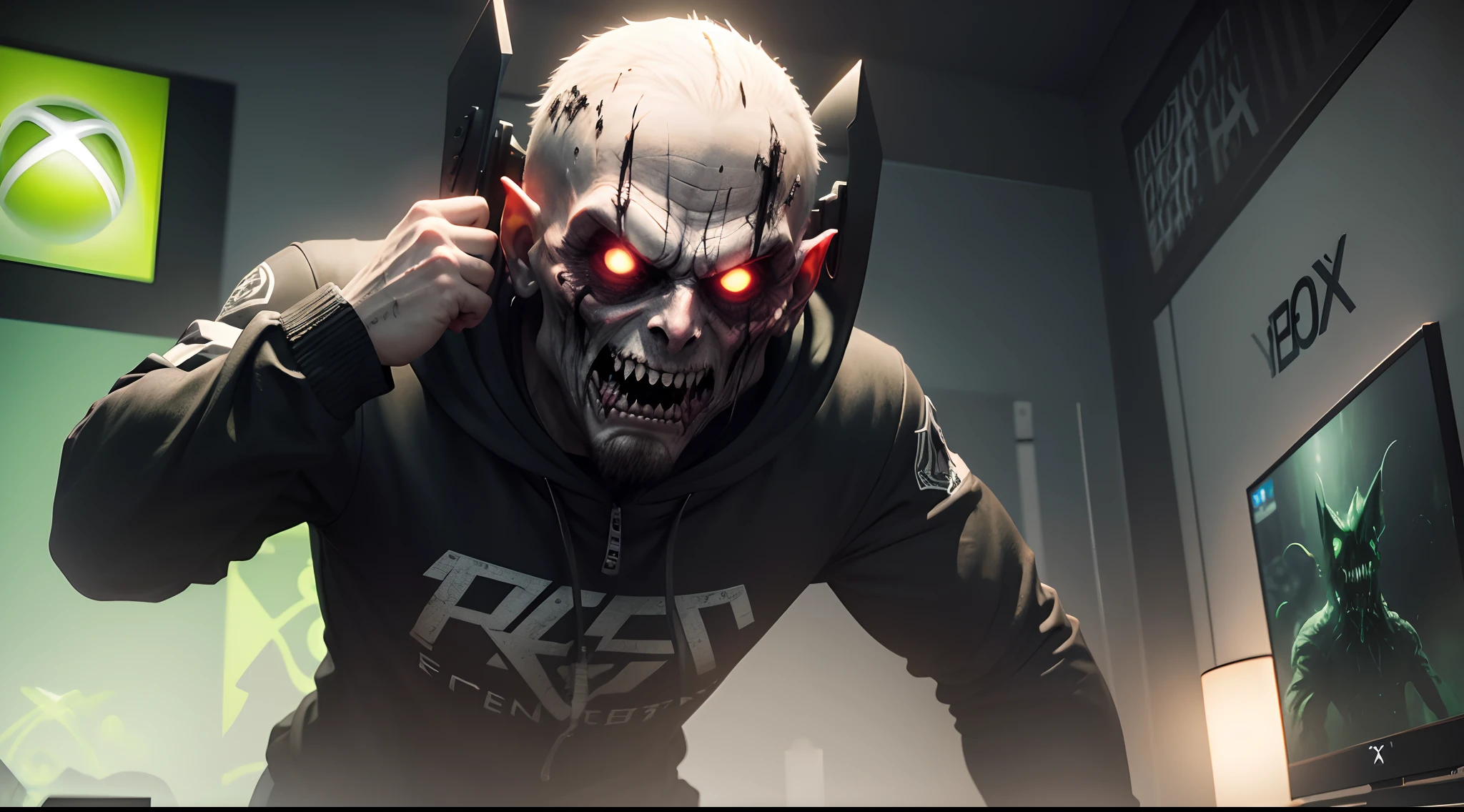 <lora:Wendigo-UD:0.8> EarthWendigo-UD, solo, looking at viewer, 1boy, male focus, teeth, night, building, portrait, realistic, bald, white eyes, alien,  horror (theme)