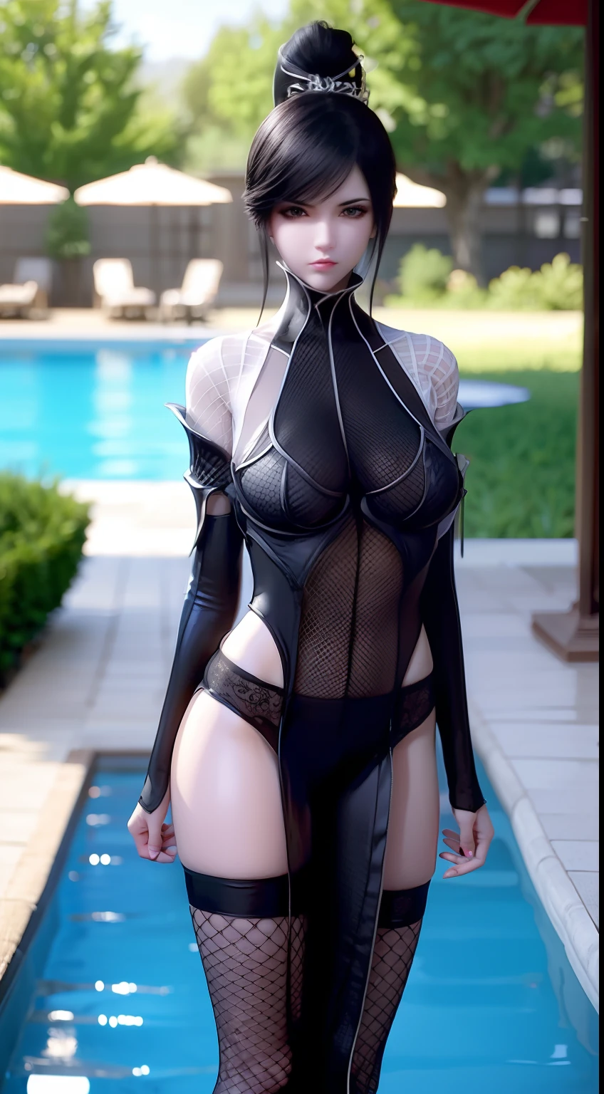 A girl with black hair，Bigchest。Wear sexy mesh lingerie by the pool