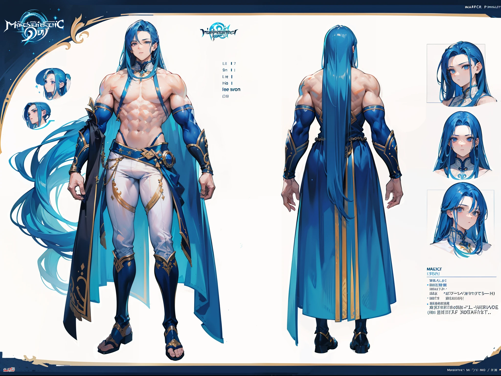 ((Masterpiece, Highest quality)), Detailed face, character design sheet， full bodyesbian, Full of details, frontal body view, back body view, Highly detailed, Depth, Many parts, Muscle boy with long blue hair with long bangs，handsome man, muscle body, white outfit male gods, man tall