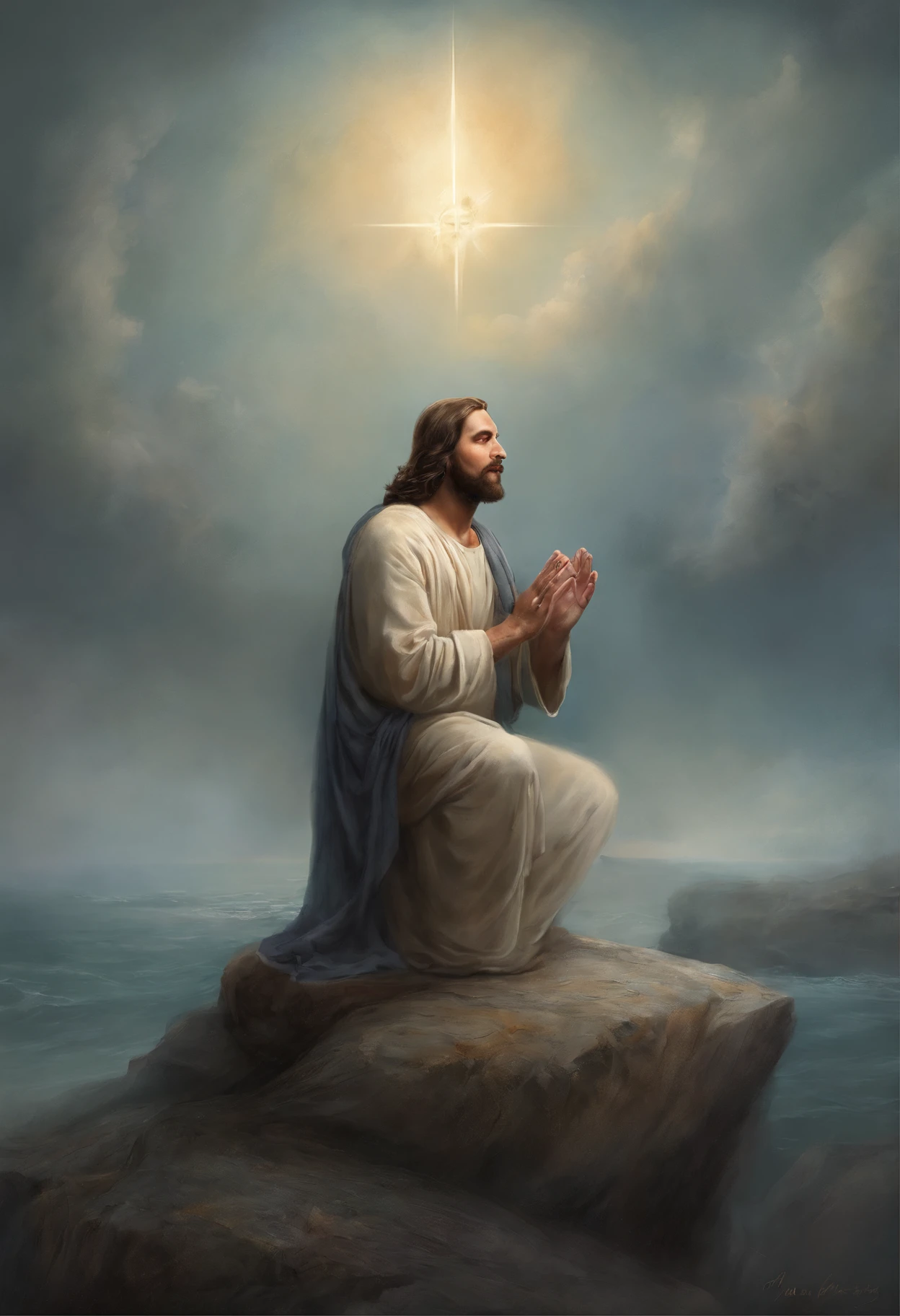 Jesus Cristo, kneeling praying to the heavens, diante de um orisonte lindo, com o sol se pondo, in connection with the divine, foto retrato, Directed by: Drew Tucker, Directed by: Adam Marczyński, Directed by: Alexandre Kucharsky, Directed by: Gavin Nolan, Surrealismo 8K, Directed by: Jason Felix, Yuri Shwedoff e Tom Bagshaw, arte ilustrativa, Estilo Erik Johansson