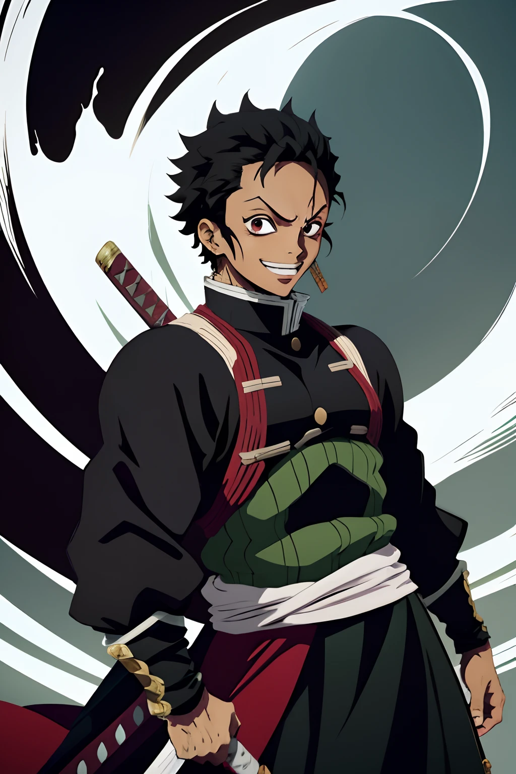 black young man, negro, black hair, zoro hairstyle, red sword, wind, wind breath, demon slayer uniform, bleach pose, smile, scary eyes