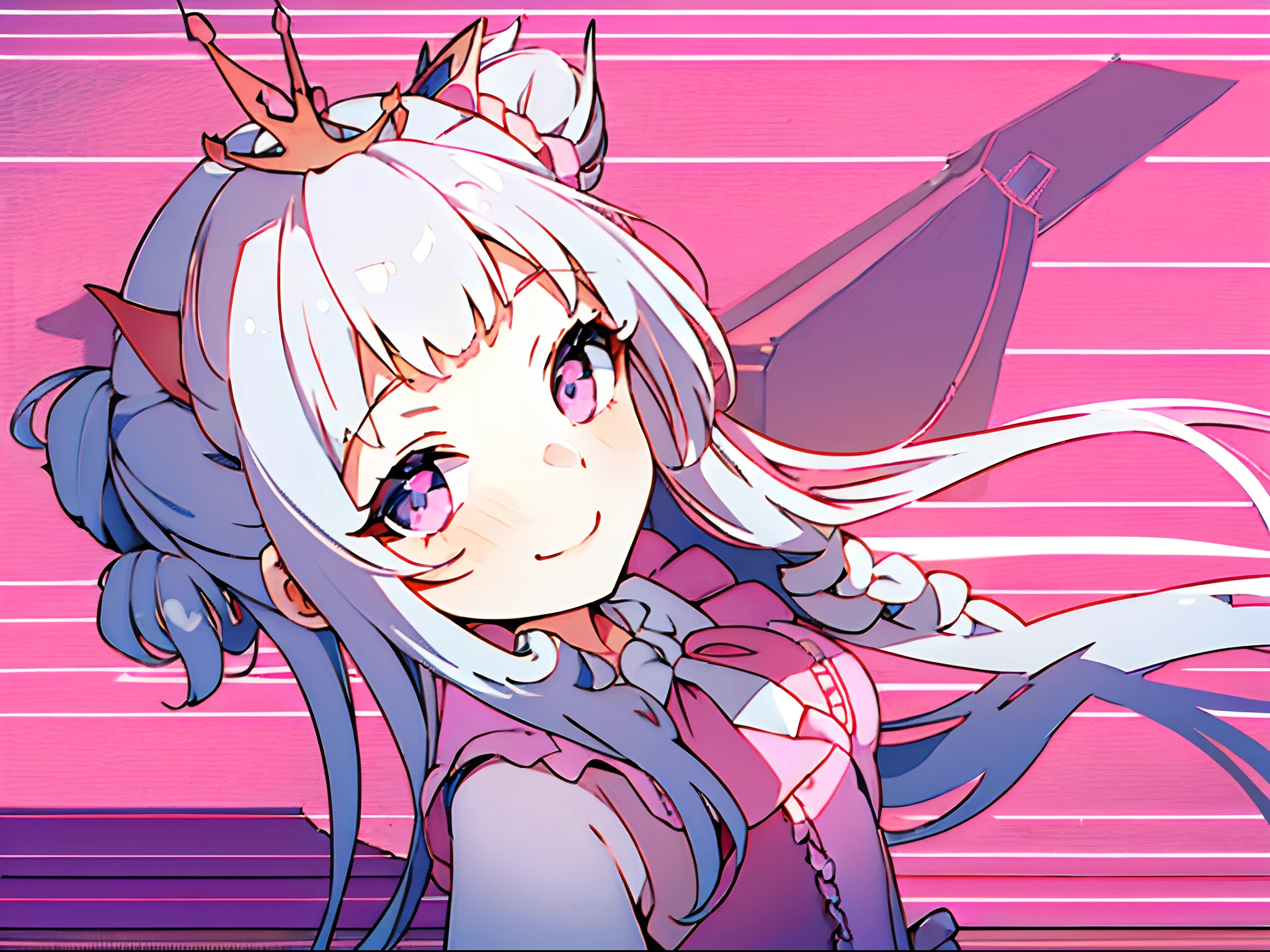 Best Quality, masutepiece, Very cute and gentle girl, (Chibi, Petite), (Solo:1.2), (Detailed hat in pink with a lot of frills:1.3), (Detailed princess dresses in pink with many ruffles:1.3),PM,beatiful backgrounds,Beautiful symmetrical gentle eyes, (beautiful and detailed face), (Beautiful white hair, topknot), Blunt bangs, nice hand, Perfect hands, Smile, (School rooftop:1.3)