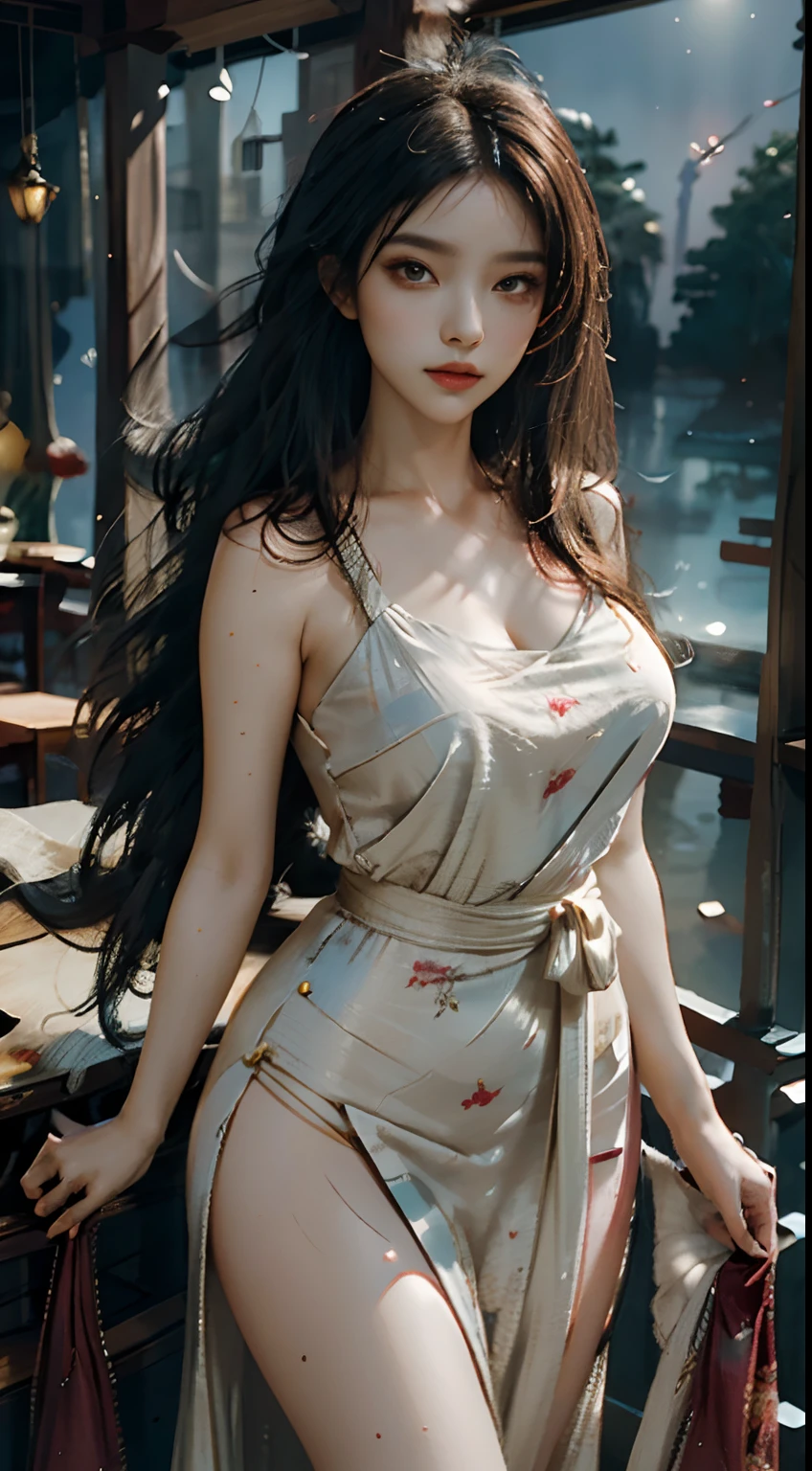 The art depicts a charming woman dressed in a flowing, silky traditional oriental dress decorated with intricate patterns and bright colors. Her dress drapes elegantly over her curvy figure, accentuating her seductive silhouette. She stood gracefully in the quiet moonlit night, bathed in the soft glow of the moonlight. The scene exudes an ethereal and dreamy atmosphere, with a touch of mystery and sexiness. The graphic style blends watercolor and digital illustration techniques to evoke a refined beauty and charm. The lights are filled with soft moonlight, casting soft highlights and shadows on her charming features. Bare thighs