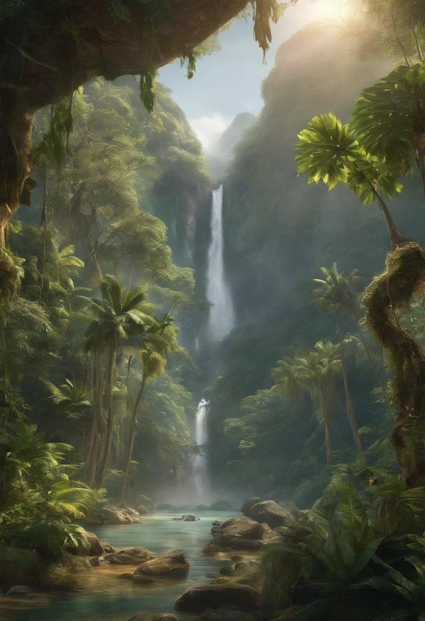 (best quality,4k,8k,highres,masterpiece:1.2),ultra-detailed,(realistic,photorealistic,photo-realistic:1.37),beautiful lush jungle landscape,serene atmosphere,harmonious colors,ray of sunlight filtering through the dense foliage,misty morning atmosphere,floating mist,refreshing waterfall,tall ancient trees with intricate roots,exotic tropical flowers in full bloom,vibrant wildlife bustling among the trees,peaceful river meandering through the jungle,hidden treasures and ancient ruins waiting to be discovered,ethereal glow illuminating the scene,tranquil sounds of nature,paradise-like setting,impressive depth and three-dimensionality,immaculate attention to detail,impressionistic style brushstrokes,legendary and awe-inspiring scene,jungle adventure calling out to the daring and curious souls