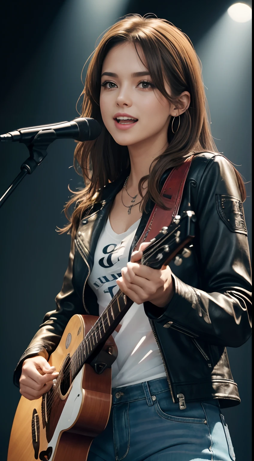 (Masterpiece:1.3, Best quality, Photorealistic, Ultra-detailed, finely detailed, high resolution, 8K wallpaper), 1 beautiful girl, Lead singer of the band group, In a leather jacket, Sing with an electric guitar, standing microphones, Mouth open, Beautiful face, Detailed face, Beautiful eyes, Detailed eyes, Smiling, Earrings, necklace, Detailed guitar, (Straight guitar neck and strings), Medium length light brown hair, be on stage, spotlight, Look at the viewer