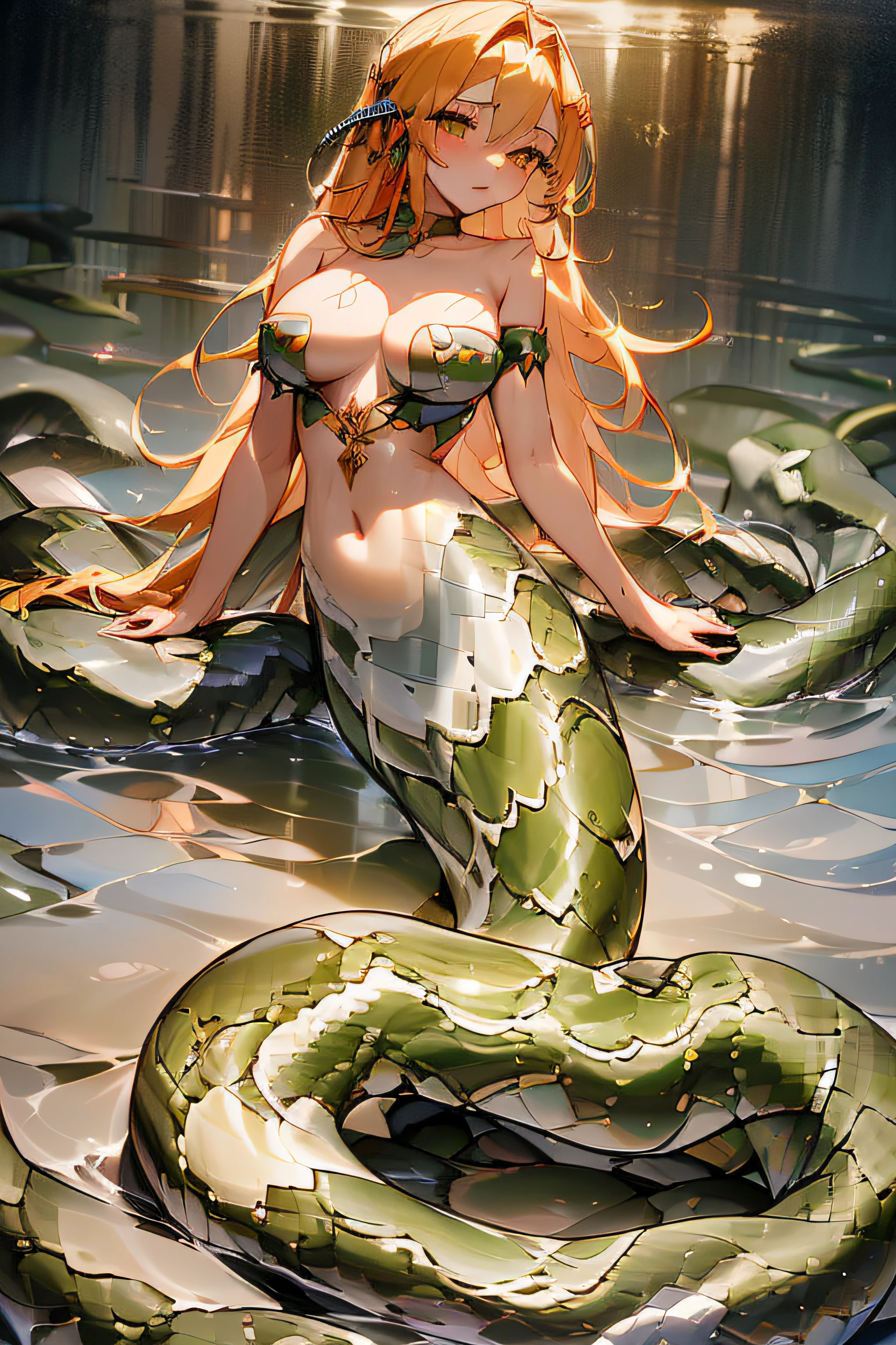 (masterpiece:1.4), (extremely intricate:1.2), (lamia:1.4), full body, splashing water, thunderstorm, night, ocean, medieval fantasy, (((((fusion of girl and snake))))) extremely detailed CG unity 8k wallpaper,