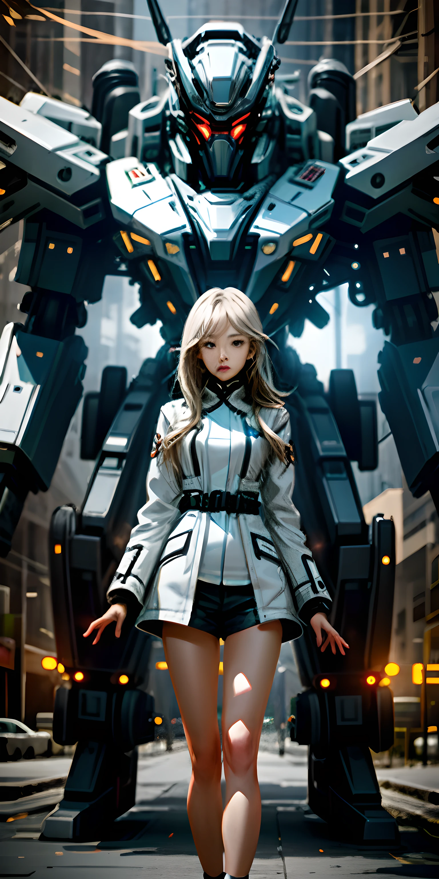 Portrait photo: Full body photo of a girl with long white hair，perfect  eyes，Wearing a silver mech coat，（（Light bokeh）），iintricate，（Steel metal[Rust]），ellegance，Sharp focus，，tmasterpiece，（the street）），Detailed and realistic face，closeup of face