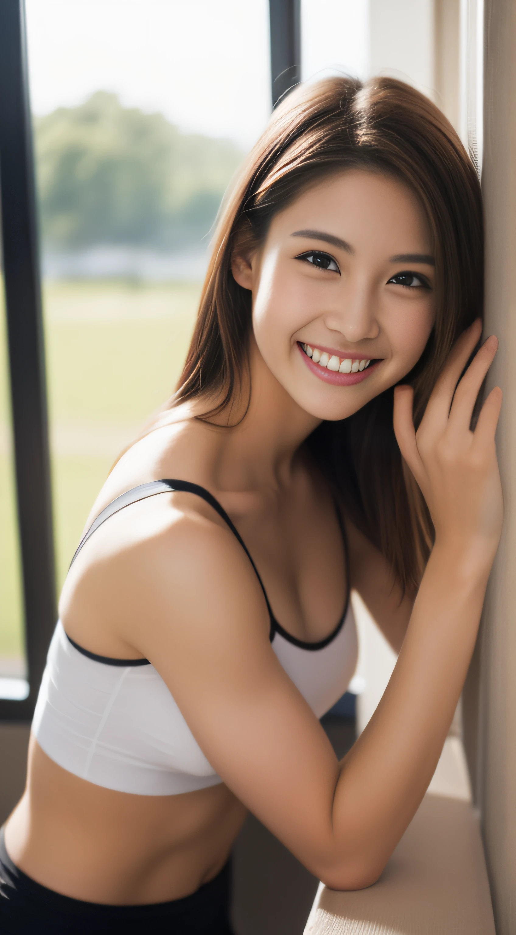 Escort Miss、a couple、Muscle training、sports gym、by the window、hiquality、A hyper-realistic、healthy、Smiling expression、Slender perfect figure、Japan beauties、beautidful eyes、face perfect、Beautiful skin