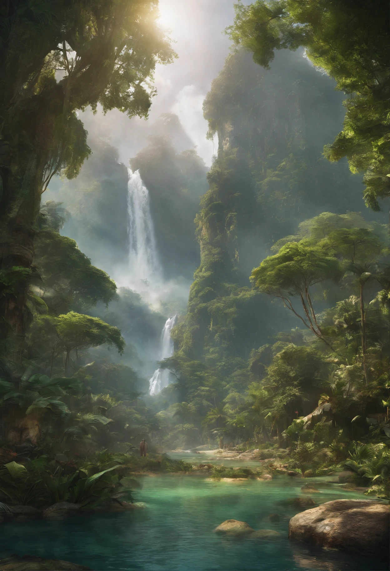 (best quality,4k,8k,highres,masterpiece:1.2),ultra-detailed,(realistic,photorealistic,photo-realistic:1.37),beautiful lush jungle landscape,serene atmosphere,harmonious colors,ray of sunlight filtering through the dense foliage,misty morning atmosphere,floating mist,refreshing waterfall,tall ancient trees with intricate roots,exotic tropical flowers in full bloom,vibrant wildlife bustling among the trees,peaceful river meandering through the jungle,hidden treasures and ancient ruins waiting to be discovered,ethereal glow illuminating the scene,tranquil sounds of nature,paradise-like setting,impressive depth and three-dimensionality,immaculate attention to detail,impressionistic style brushstrokes,legendary and awe-inspiring scene,jungle adventure calling out to the daring and curious souls