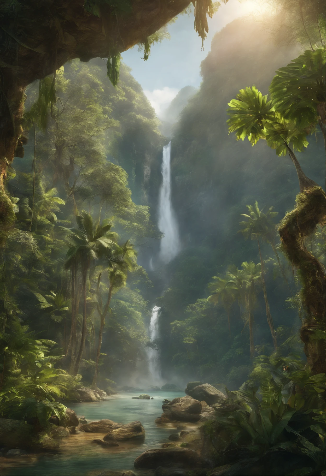 (best quality,4k,8k,highres,masterpiece:1.2),ultra-detailed,(realistic,photorealistic,photo-realistic:1.37),beautiful lush jungle landscape,serene atmosphere,harmonious colors,ray of sunlight filtering through the dense foliage,misty morning atmosphere,floating mist,refreshing waterfall,tall ancient trees with intricate roots,exotic tropical flowers in full bloom,vibrant wildlife bustling among the trees,peaceful river meandering through the jungle,hidden treasures and ancient ruins waiting to be discovered,ethereal glow illuminating the scene,tranquil sounds of nature,paradise-like setting,impressive depth and three-dimensionality,immaculate attention to detail,impressionistic style brushstrokes,legendary and awe-inspiring scene,jungle adventure calling out to the daring and curious souls