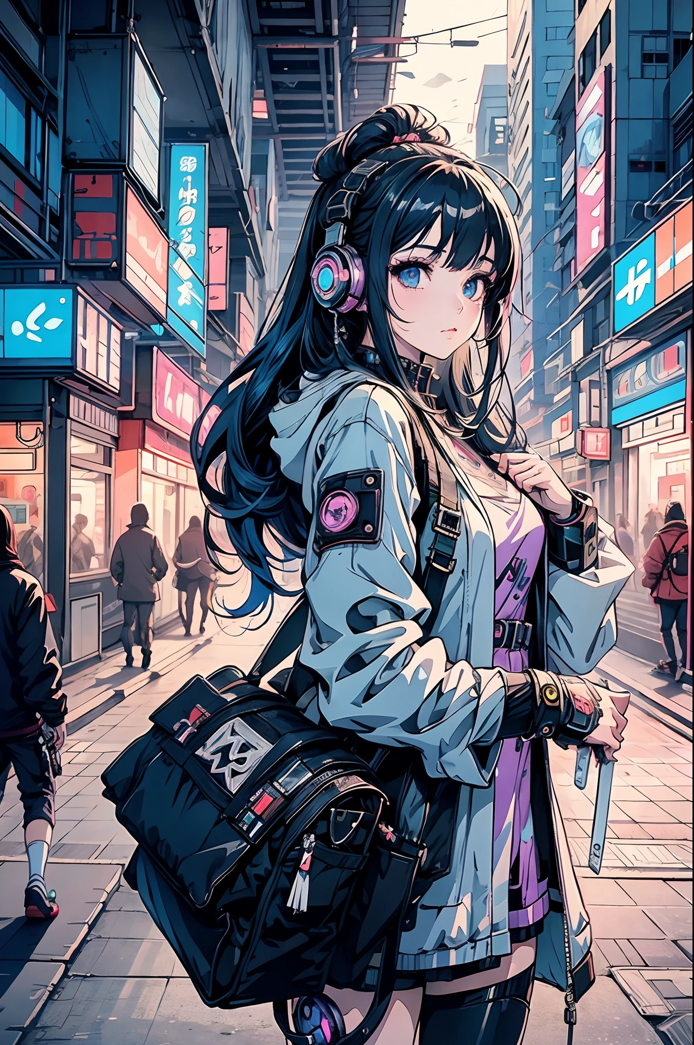 Anime girl with futuristic hair and headphones in front of the city, Digital cyberpunk anime art, cyberpunk anime girl, digitl cyberpunk - anime art, dreamy cyberpunk girl, female cyberpunk anime girl, Cyberpunk art style, the cyberpunk girl portrait, anime cyberpunk art, style of anime4 K, cyberpunk beautiful girl, cyberpunk atmosphere, Cute cyborg girl, cyberpunk anime art, Anime style. 8K