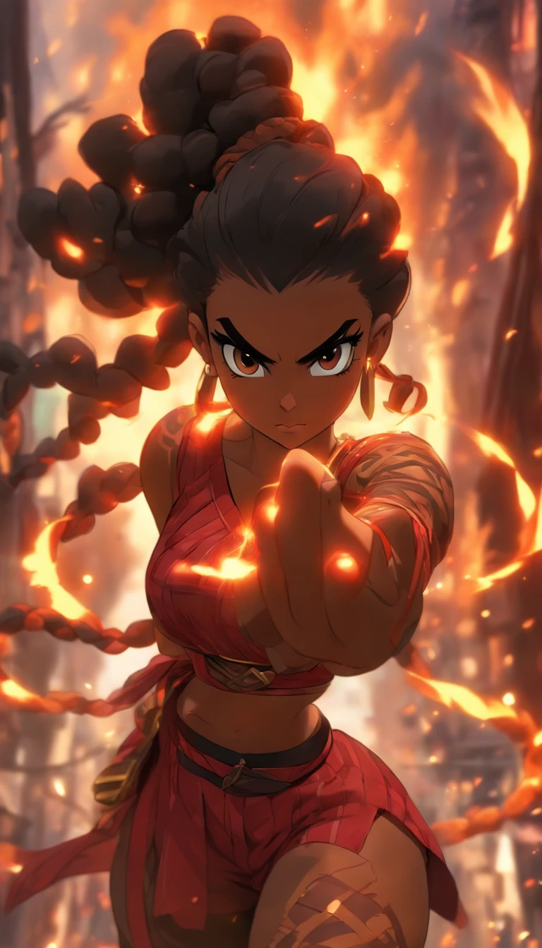 Connie maheswaran,  (Masterpiece, ultra-detailed, best quality,  highre, ,(((( dark-skinned female))), draagon girl, 25-year-old, Mahagony-skinned, darkskin, , convexed hooked nose, statuesque oblong-shaped face,vivacious black irises, , tone hourglass physique, alluring,(( large breasts, large butt, heart hips, long, toned legs)), taut ,carnal, strong body,Black eyes ,jet black braid hair, prominent   ((excited fighter overlooking a battle arena city with hands in her pockets, looking over her shoulder)), (fire-red  ankle-length half skirt buckled at her navel, open at the front revealing earth-colored  high-thigh shorts, A black and red stripped button crop top with a ribbon-length vest. Both trimmed with gold.) (brown and red Forearm bands, painted nails laced up flats}  (hair in a top dragon braid held by an stone flame ornament.}BREAK  (( flame, arena, fiery  two tone background)), ((Beautiful detailed city, energetic and fast pace atmosphere )) ,  hyper-stylistic, 5k, 77 gigapixels, , ultra-detailed, unreal 5,2.5d,  , ultra-HD}  ,Connie Maheswaran,